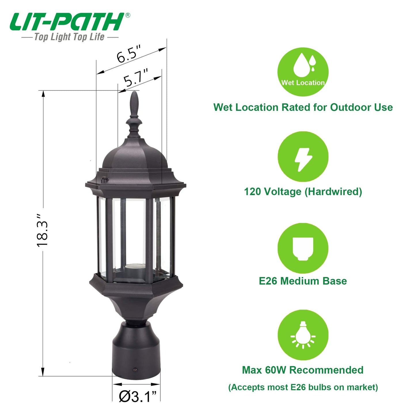 LIT-PaTH Outdoor Post Lighting Fixture Pole Lantern, E26 Medium Base Max 60W, Aluminum Housing Plus Glass, 2-Pack, Black Finish