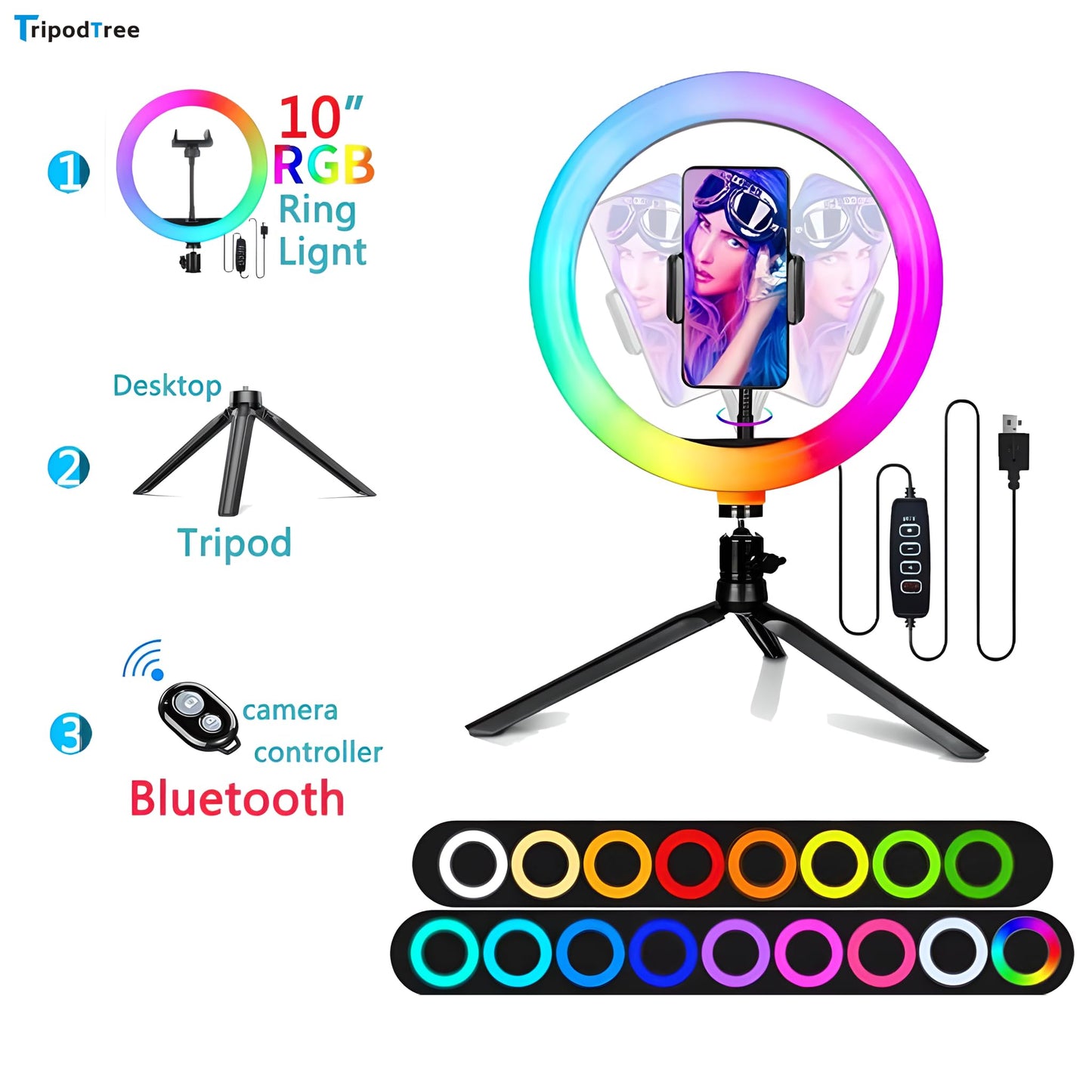 TRIPODTREE 10" Selfie Ring Light with 4" Desktop Tripod Stand & 1 Phone Holder, LED Ringlight with Dimmable Modes(RGB)