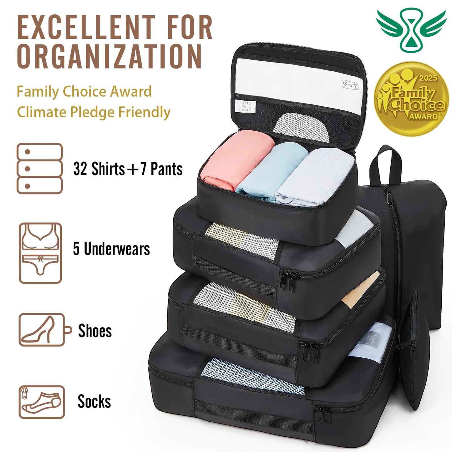 Veken 8 Set Packing Cubes for Travel – Luggage Organizer Bags w/ Laundry & Toiletry Bag, Perfect for Airplane, Road Trip, Camping