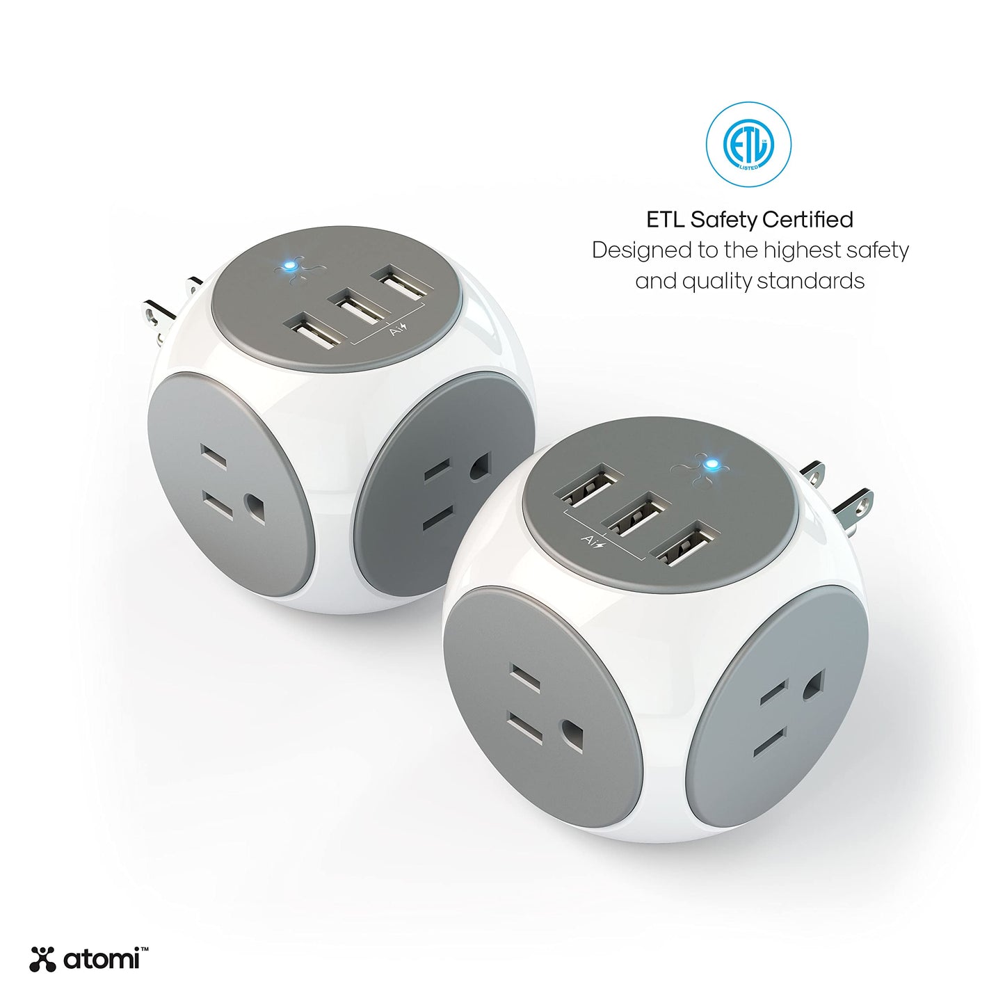 Atomi Power Cube 2-Pack - 3AC Outlets + 3 Smart USB Ports + 5-ft. Cable