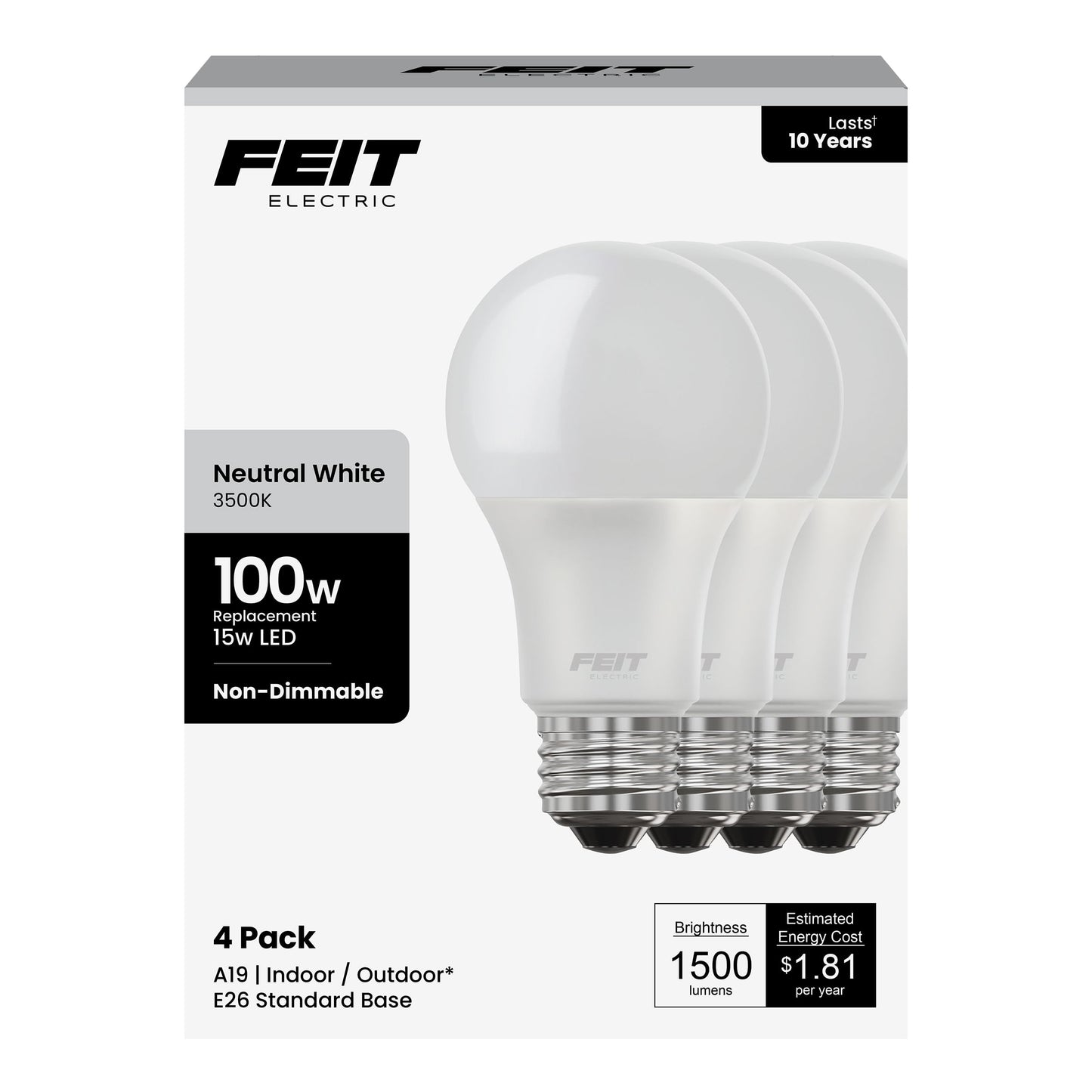 Feit Electric A19 LED Light Bulbs, 100W Equivalent, 1500 Lumens, Neutral White 3000K, 15W, 11,000-Hour Lifespan, General Purpose Indoor/Commercial
