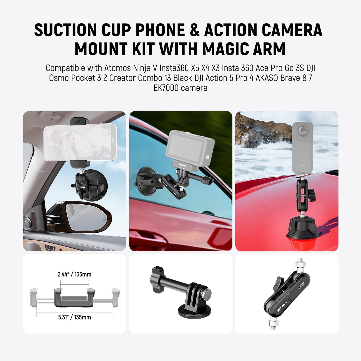 NEEWER Suction Cup Phone Holder & Camera Mount Compatible With GoPro DJI Insta360 iPhone, Car Phone Mount with Action Camera Adapter 360° Magic Arm