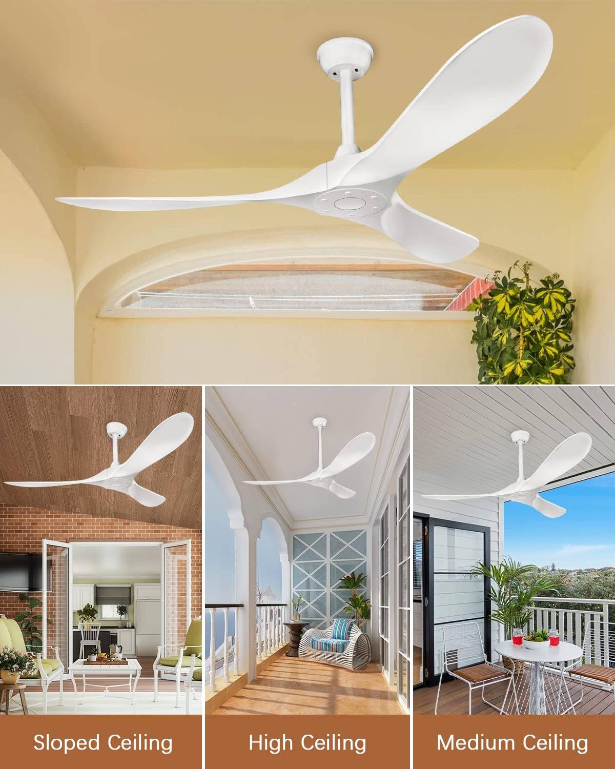 KASASS Ceiling Fan No Light with Remote Control 52inch Outdoor Ceiling Fan without Lights Indoor, 3 Blades Reversible DC Motor Modern Ceiling Fans