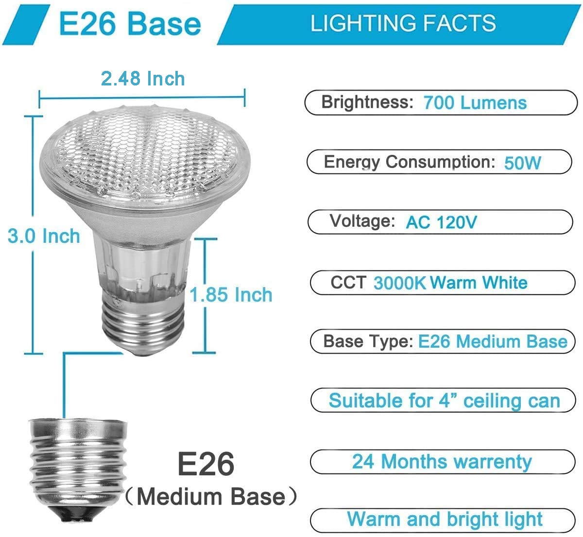 Vinaco PAR20 50W Halogen Bulb Dimmable 120V 3000K Warm White for Range Hood