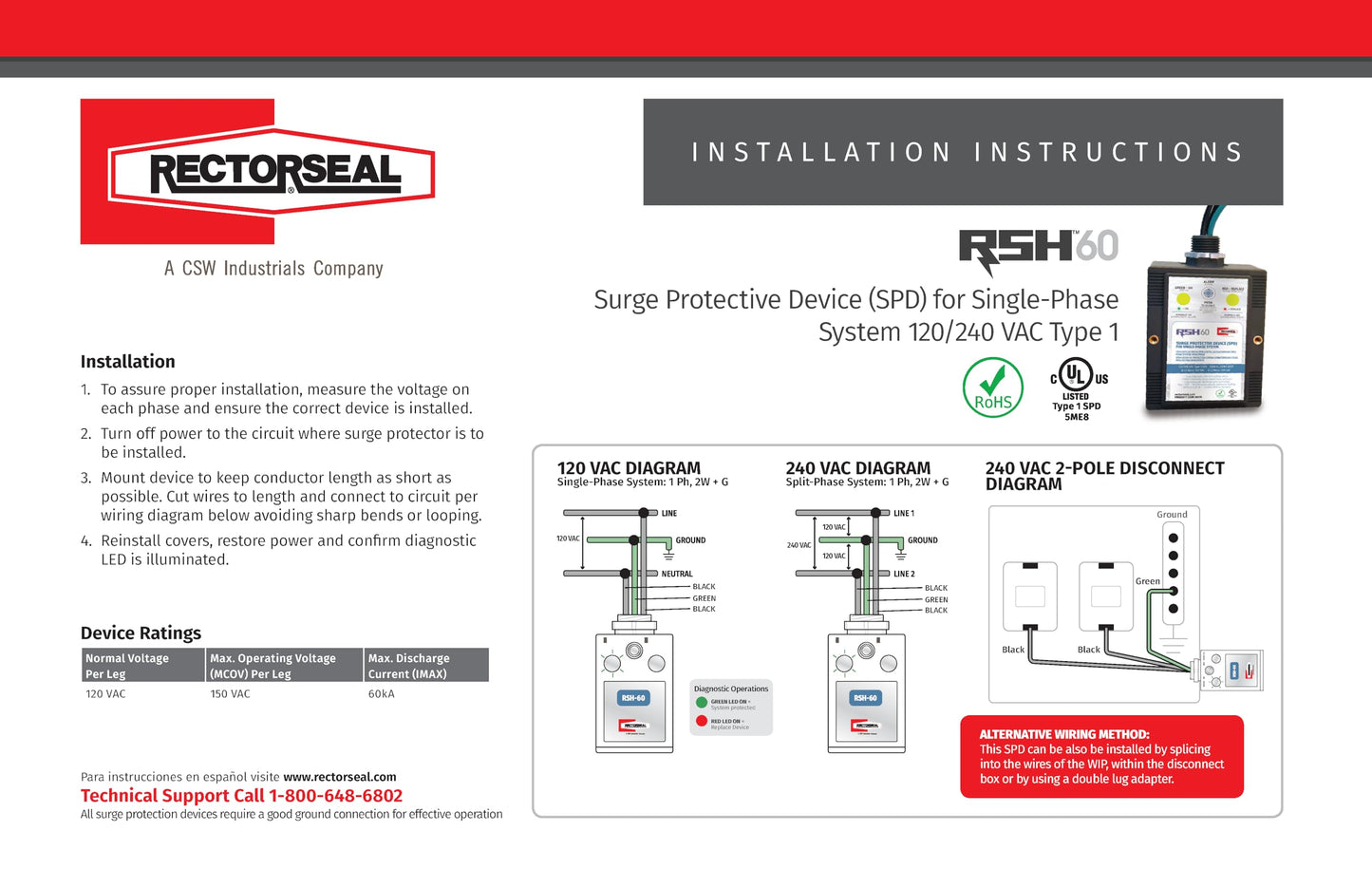 RectorSeal RSH Surge Protectors 96416 Surge Protector, Multi-Use, Electrical, 120-240 VAC