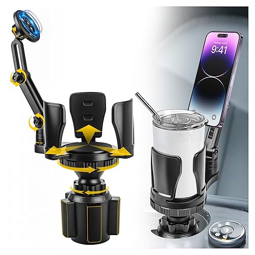 Frani Car Cup Holder Expander with Magnetic Phone Mount - Adjustable Insert Fits 2.68-4.33" Holders, 360° Adjustable Neck & Strong N52 Magnets