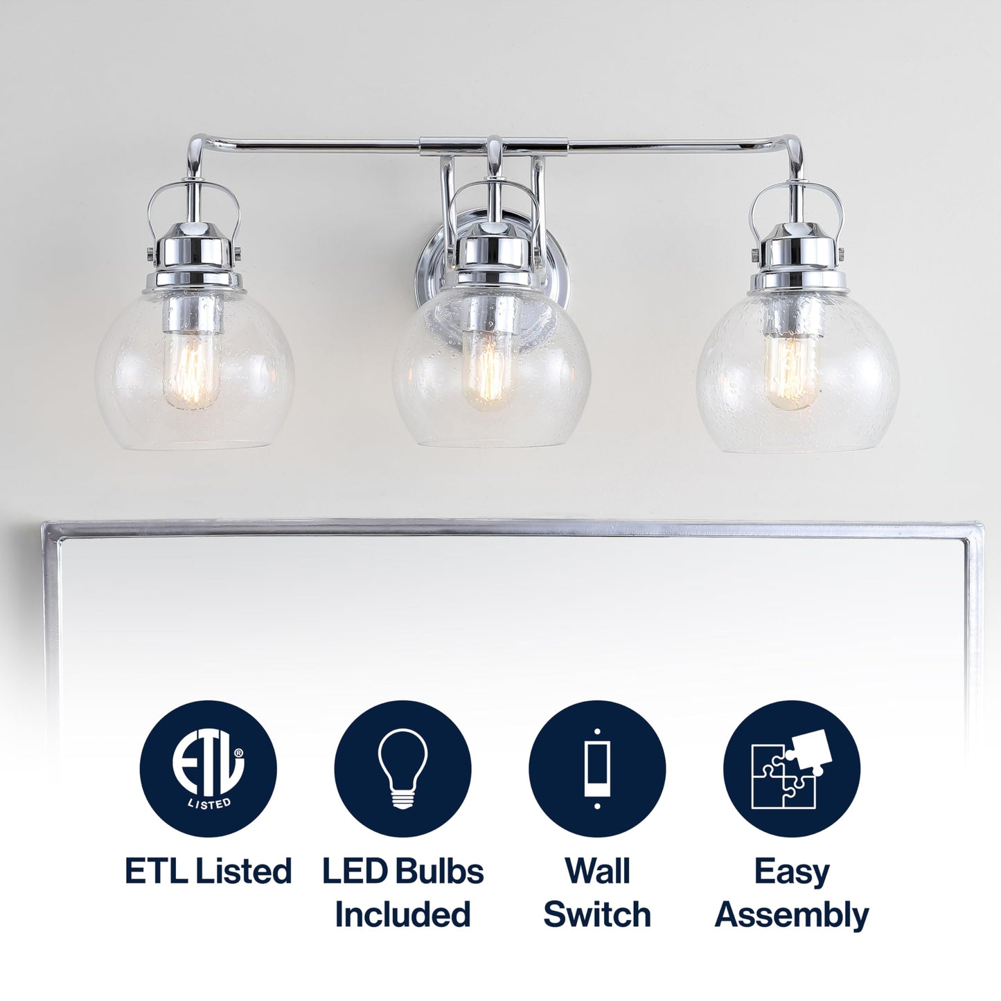 JONATHAN Y 24" Chrome Shirley 3-Light Bathroom Vanity Light, Metal Wall Sconce, Clear Seeded Glass Shade, Modern Transitional Farmhouse Fixture, LED