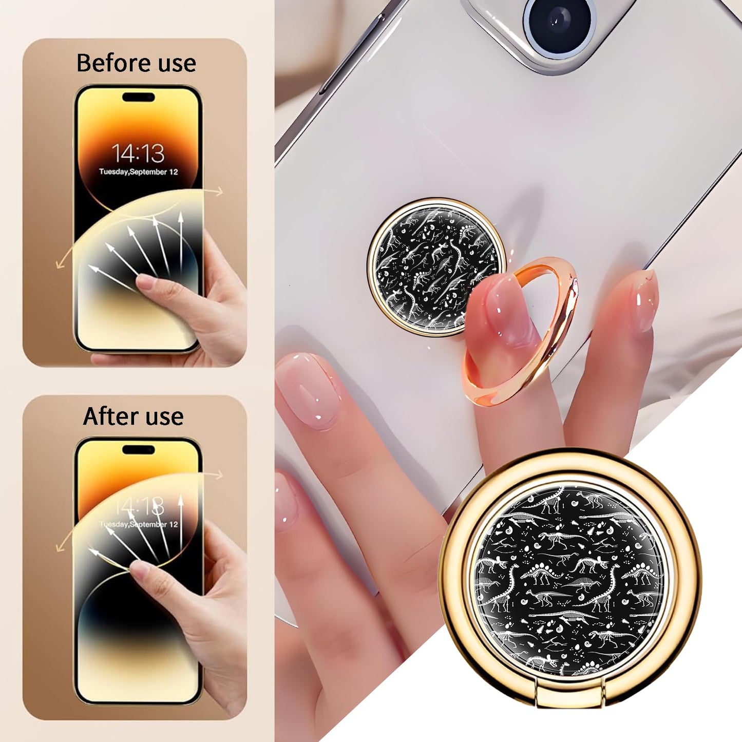 CVNBFJI Cell Phone Ring Holder, 360 Degree Rotation Cute Phone Ring Grip Stand, Funny Kickstand Accessories for Phones Black White Dinosaurs