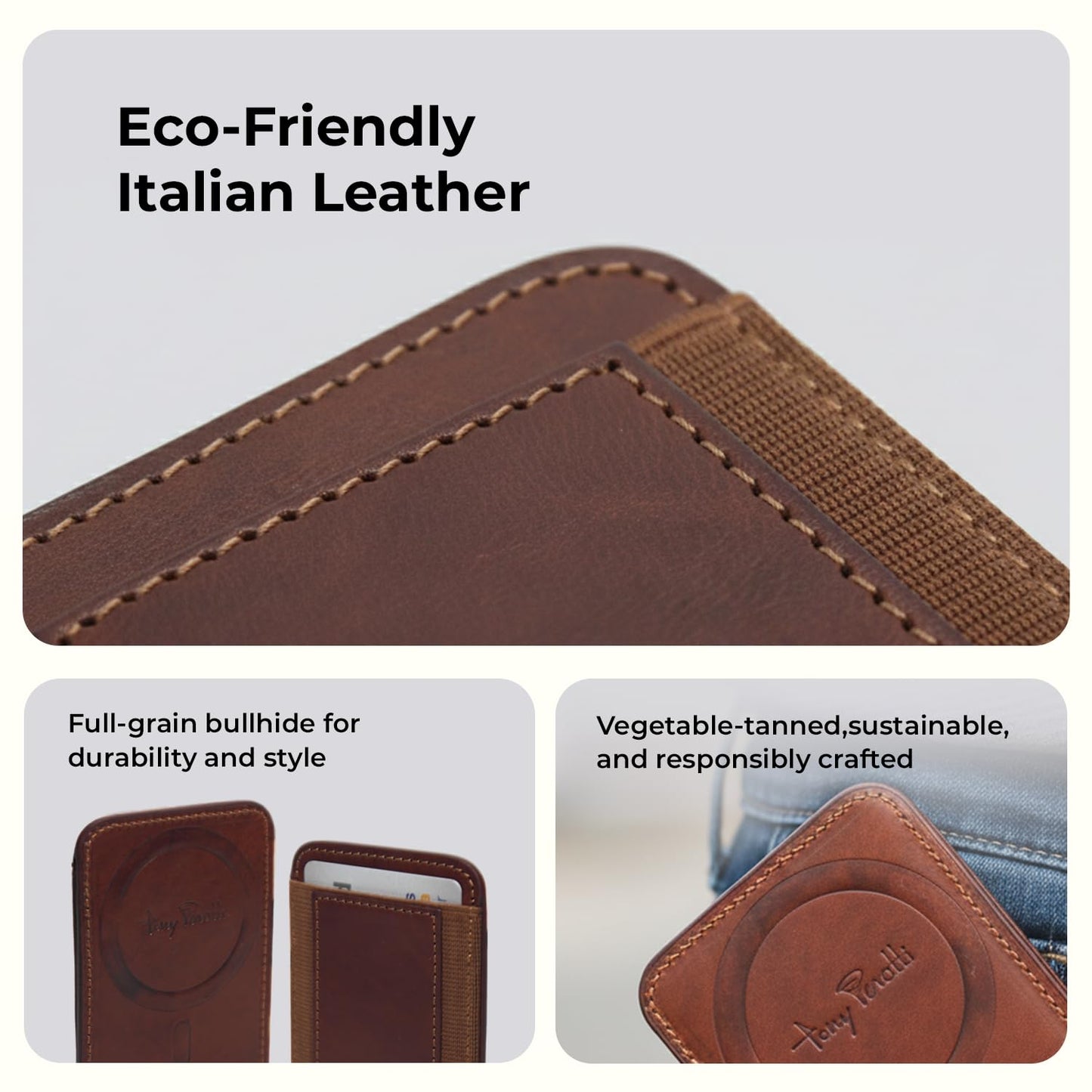 Tony Perotti MagSafe Card Holder - Italian Leather Magnetic Card Holder for iPhone 12-16, Bullhide Wallet Holds 6 Cards, Rounded Edges, Slim MagSafe