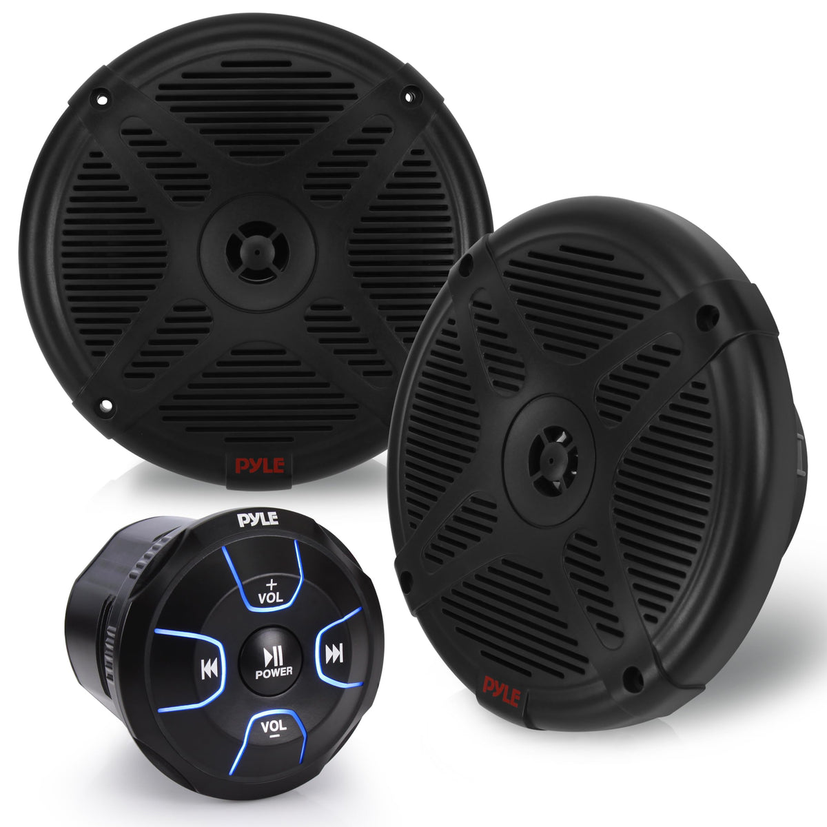 6.5'' Dual Marine Speakers Kit - Waterproof-Rated w/Amplified Bluetooth Remote Control Receiver for Powersport Vehicles, IP65 Marine Grade Rating, 600 Watt Max Power - Pyle PLMRKT8
