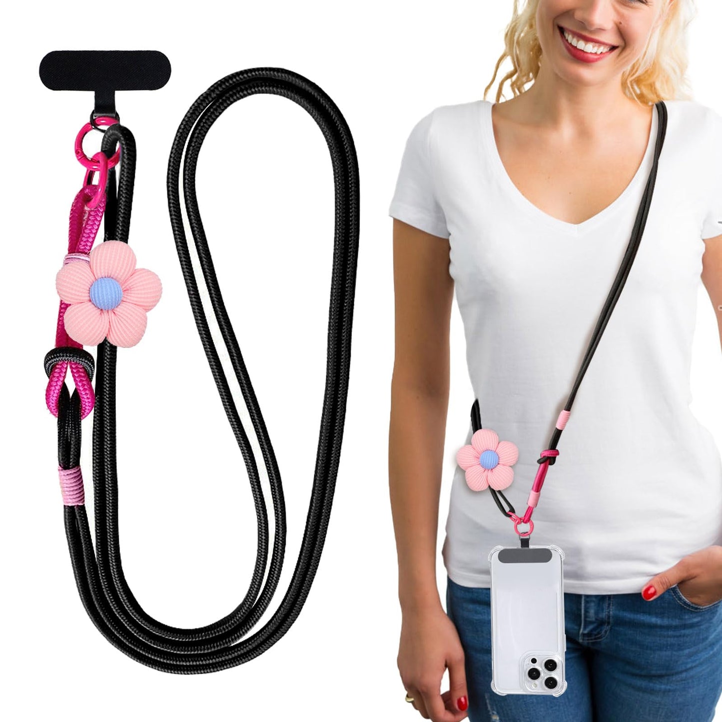 MWRDSM Phone Lanyard with Flower Anti-Theft Crossbody Strap Universal Cell Phone Nylon Lanyard Patch Neck Strap Outdoor Activities (Black)