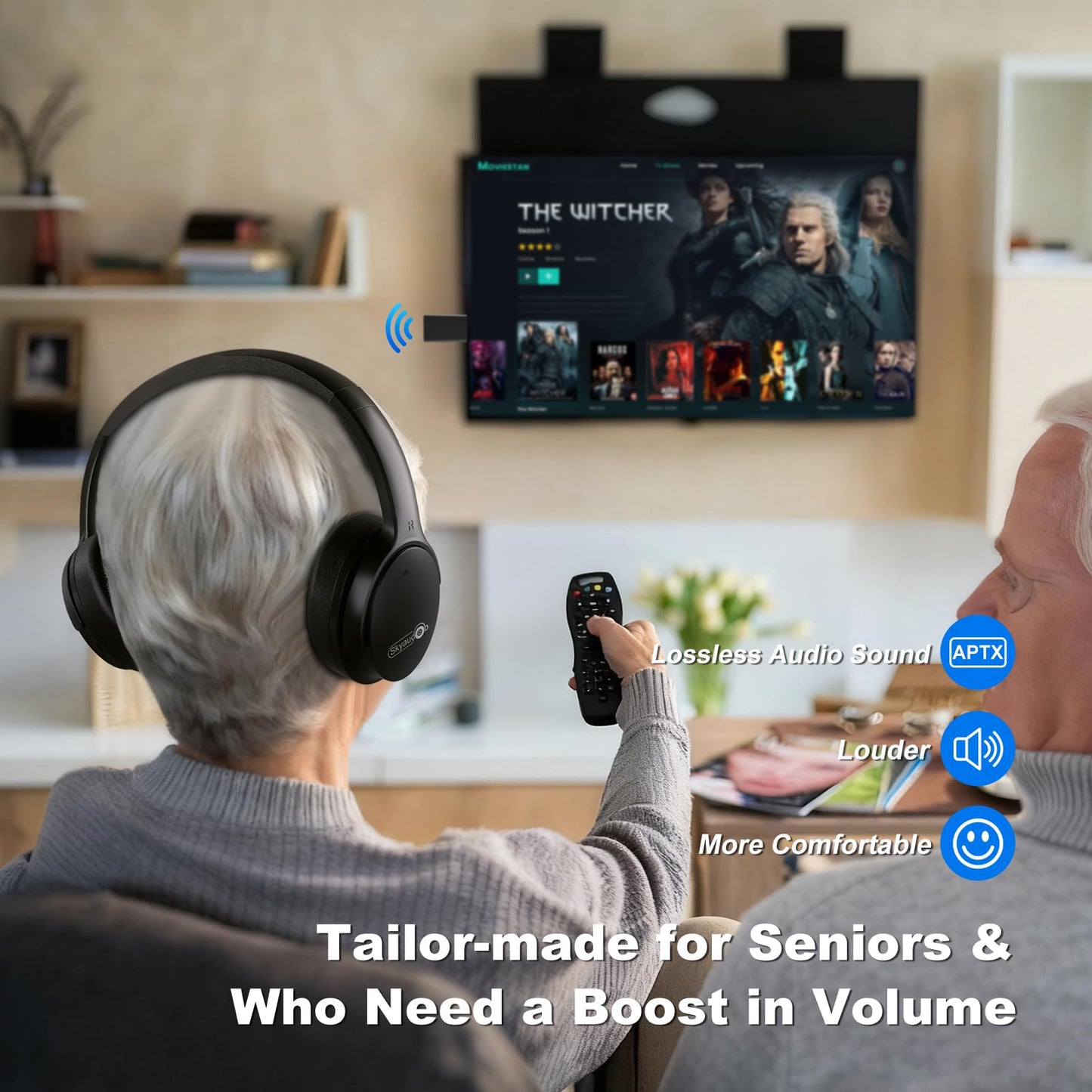 Skyaudio Wireless Headphones for TV Watching, Over Ear TV Headphones Wireless with USB Transmitter, Plug & Play, No Audio Delay, 20+ Hours, Louder