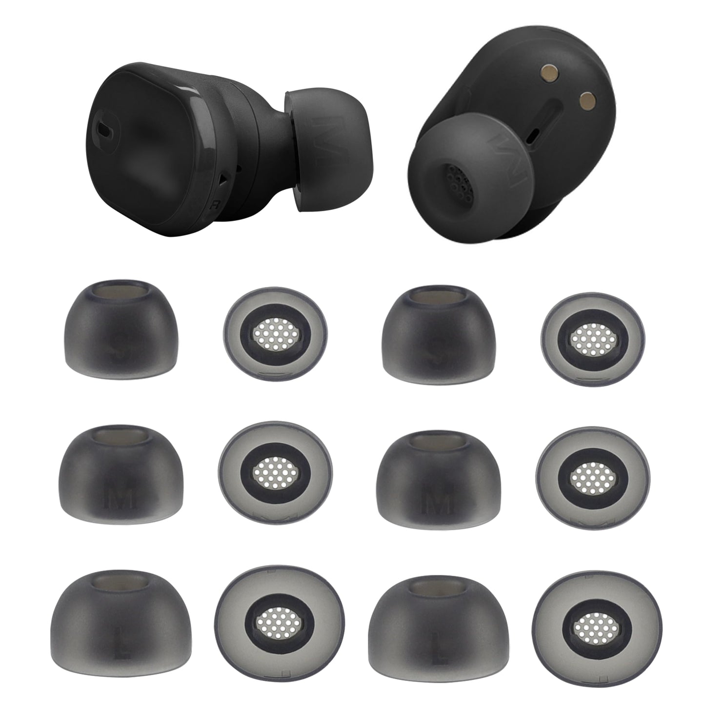 XMTYAN Replacement Ear Tips Compatible with JBL Tune Buds 2, Soft Silicone Eartips with Portable Storage Box (6, Black, S/M/L)