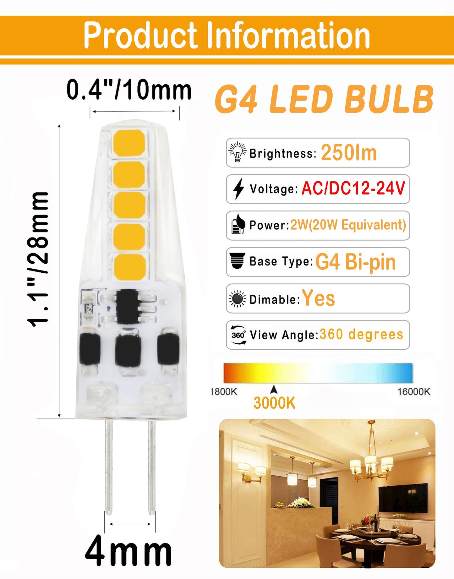 Lamsky G4 LED Bulb Bi-Pin Base AC 12V 24V G4 LED Bulb 2W 20W Halogen Replacement 3000K Warm White Dustproof Shockproof Dimmable(10-Pack)
