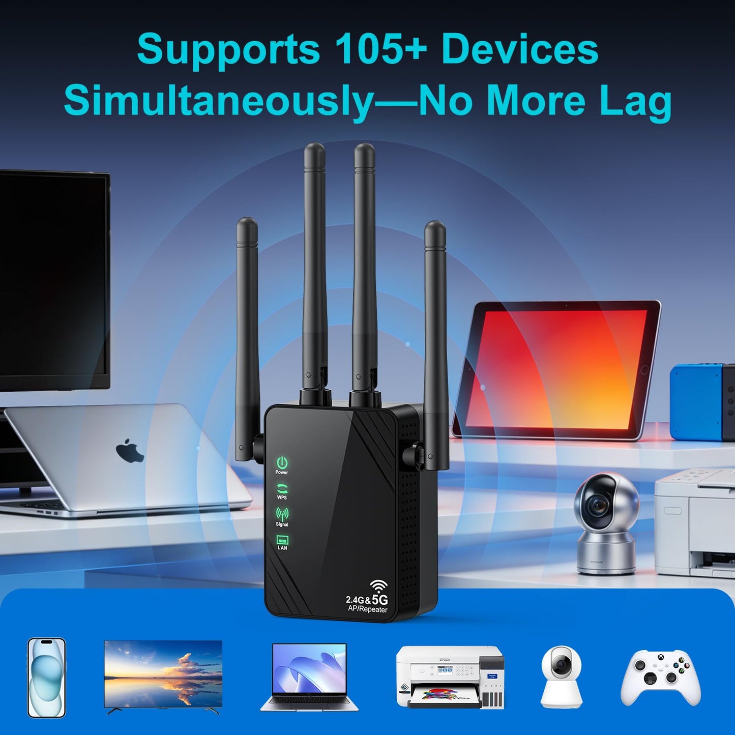 WiFi Extender Signal Booster for Home, Dual Band 1200Mbps Internet Extender WiFi Booster Up to 12888 Sq.ft Coverage and 105 Devices, WiFi Repeater