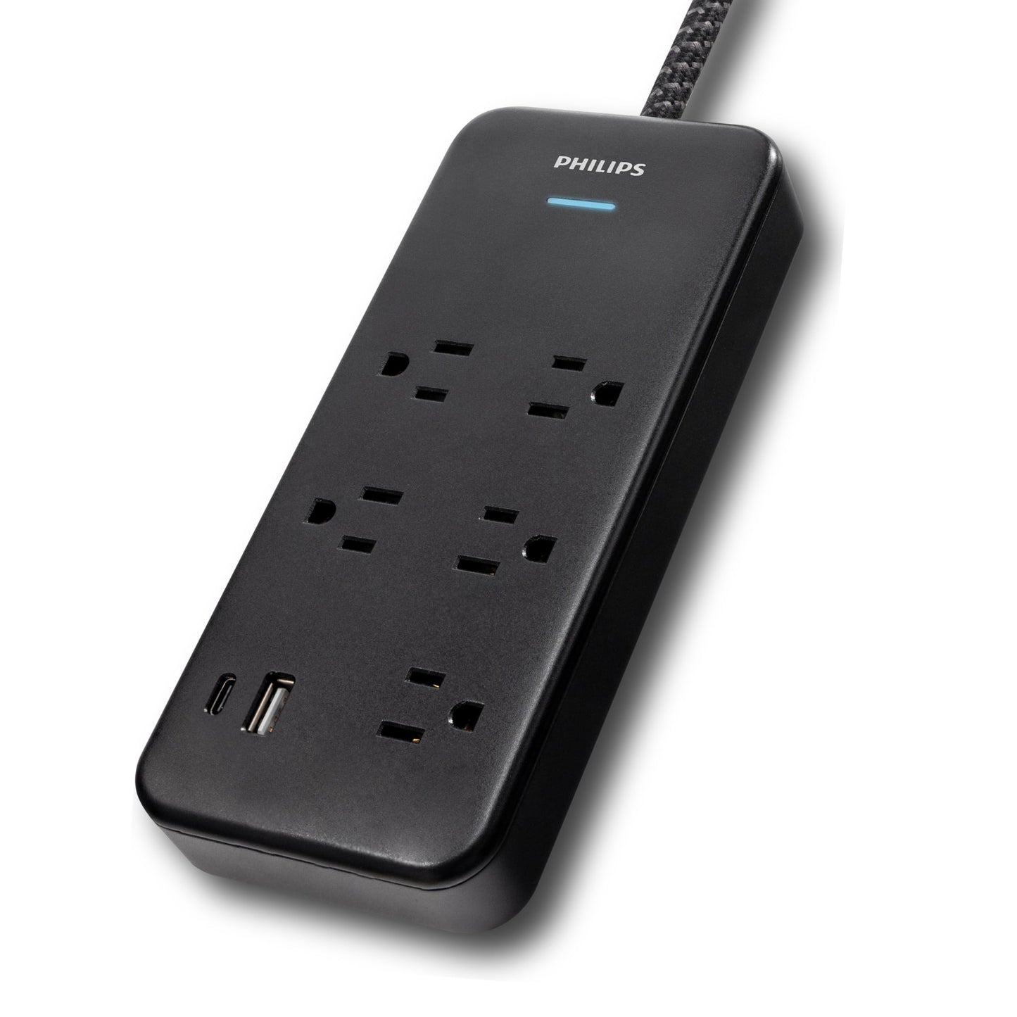 Philips 5-Outlet Surge Protector with USB, 1 USB-A, 1 USB-C, 15W Shared, 1500J, Adapter-Spaced, 6ft Braided Cord, Outlet Extender, Extension Cord,