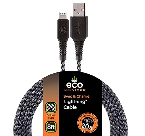 EcoSurvivor Lightning Cable, USB-A to Lightning Connector, 8 ft Cable, Apple MFiCertified, Compatible w/ iPhone 12/11/Xs Max/XS/XR/X/8 Plus/8/7…