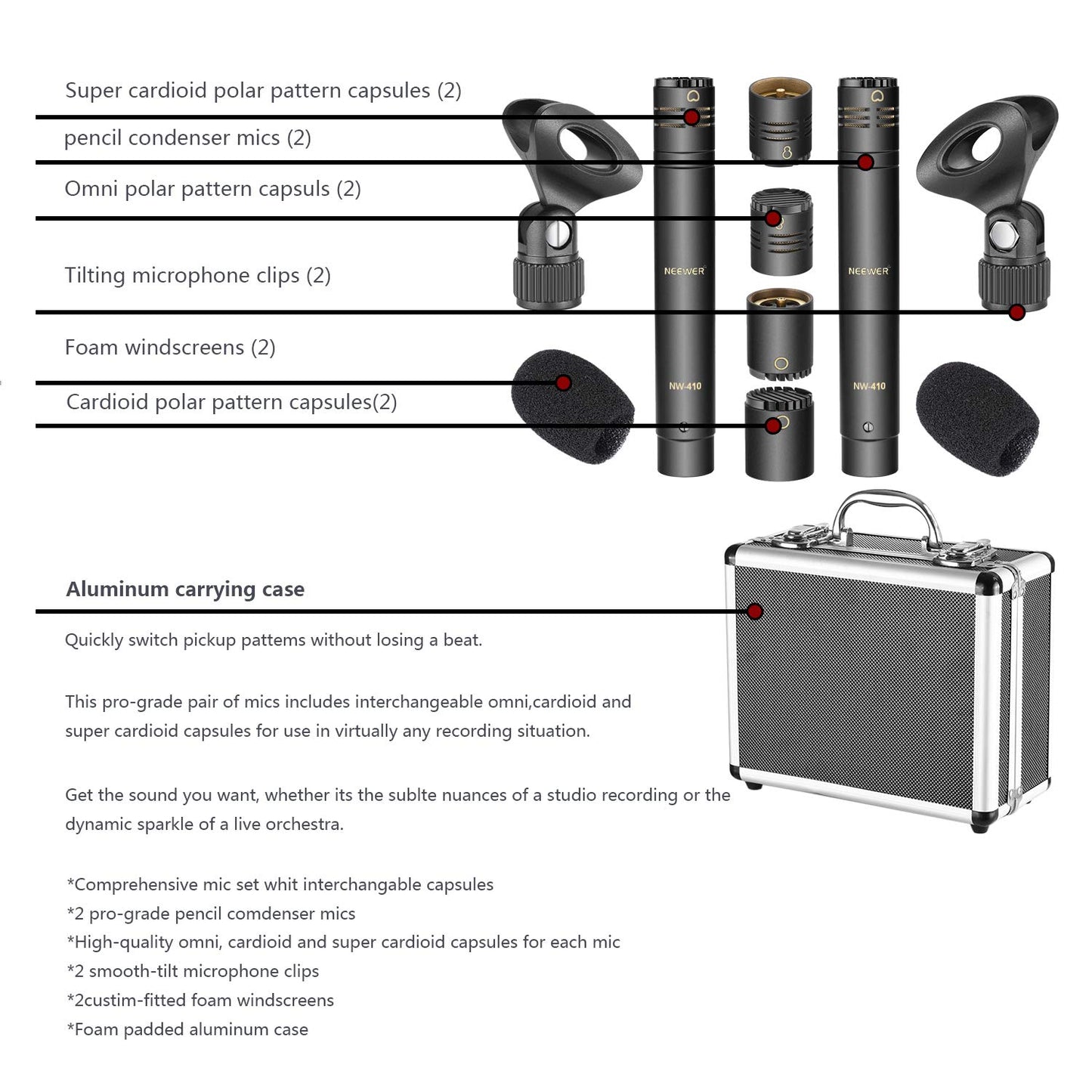 Neewer 2-Pack Pencil Stick Condenser Mic with Interchangeable Omni Cardioid and Super Cardioid Capsules Foam Windscreens Mic Clip and Carrying Case