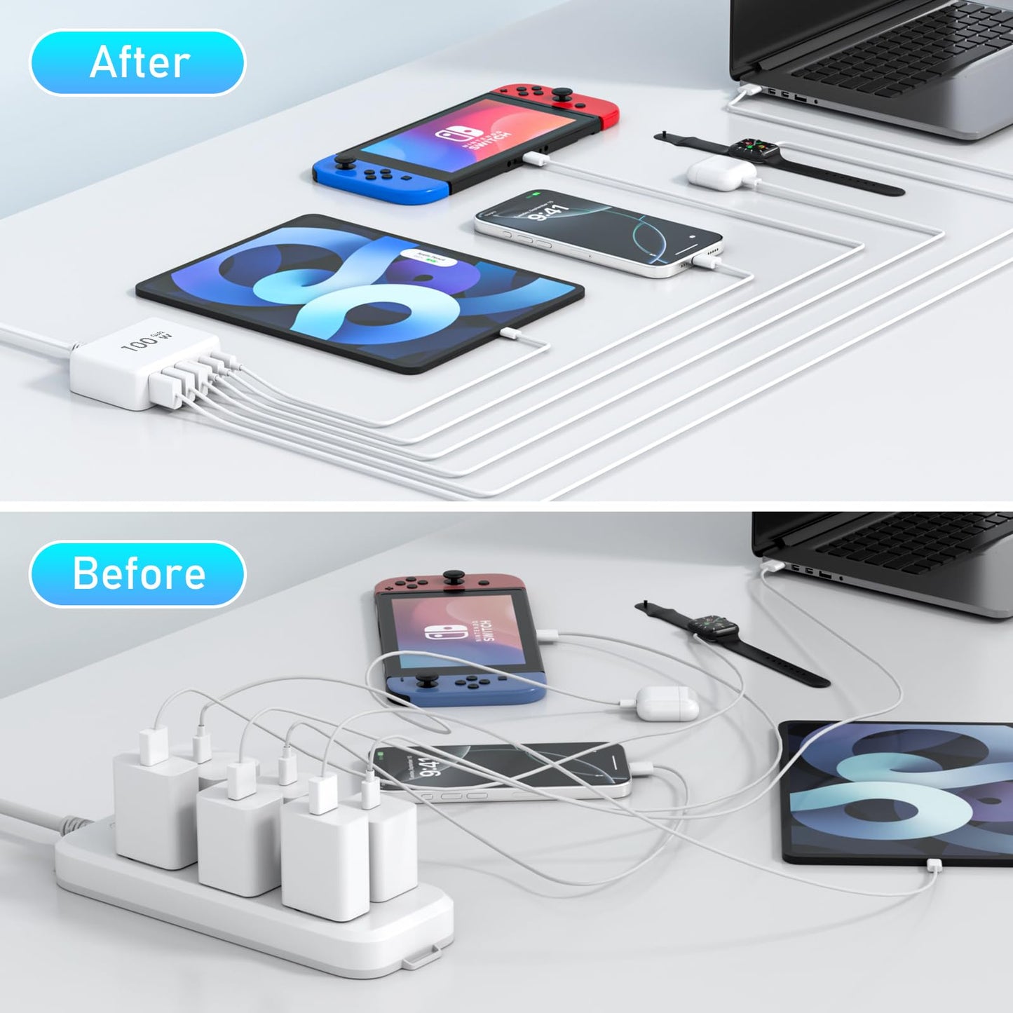 100W GaN USB C Fast Charger Block Compact 6 Port GaN Charging Station HUB Brick Portable Wall PD Charger Power Adapter for iPhone 16 15 14 13 12 Pro