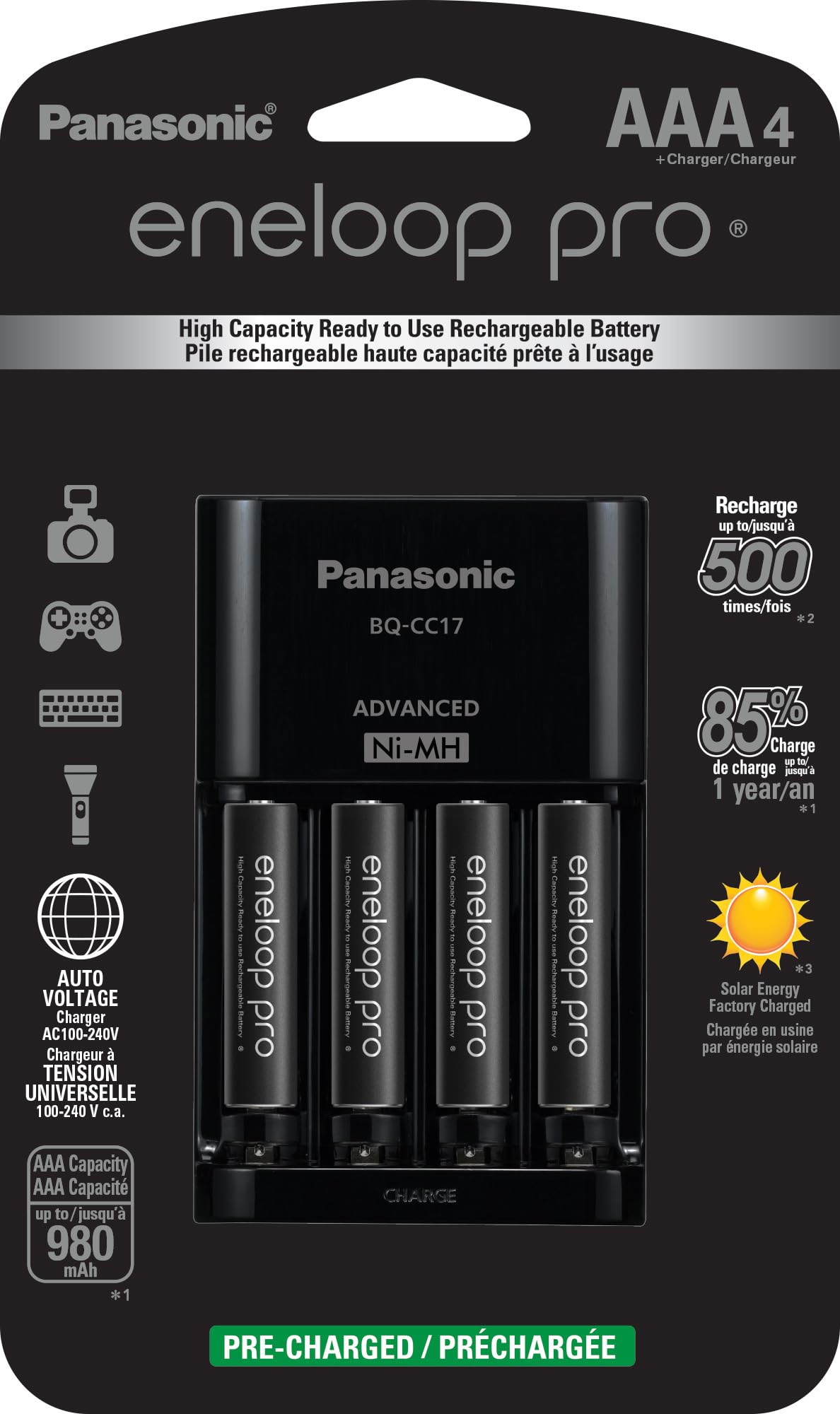 Eneloop Panasonic K-KJ17K3A4BA Advanced Battery Charger Pack with 4 AAA pro High Capacity Ni-MH Rechargeable Batteries