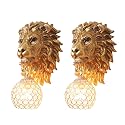 Pobllem Gold Lion Head Wall Sconces Set of 2, Modern Luxury Crystal Globe Wall Lamp, Resin Animal Head Decorative Wall Mounted Light Fixtures