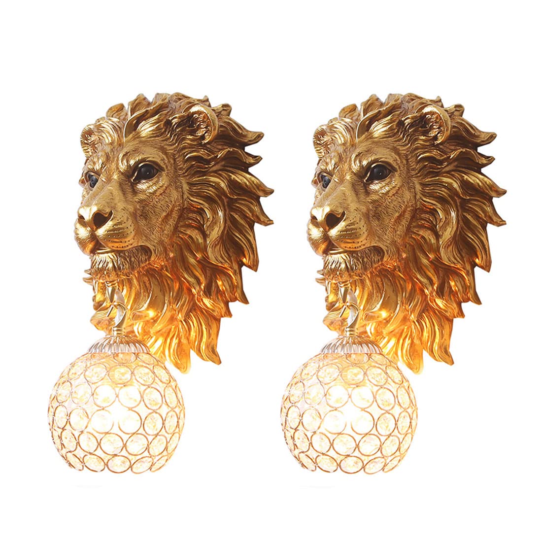 Pobllem Gold Lion Head Wall Sconces Set of 2, Modern Luxury Crystal Globe Wall Lamp, Resin Animal Head Decorative Wall Mounted Light Fixtures