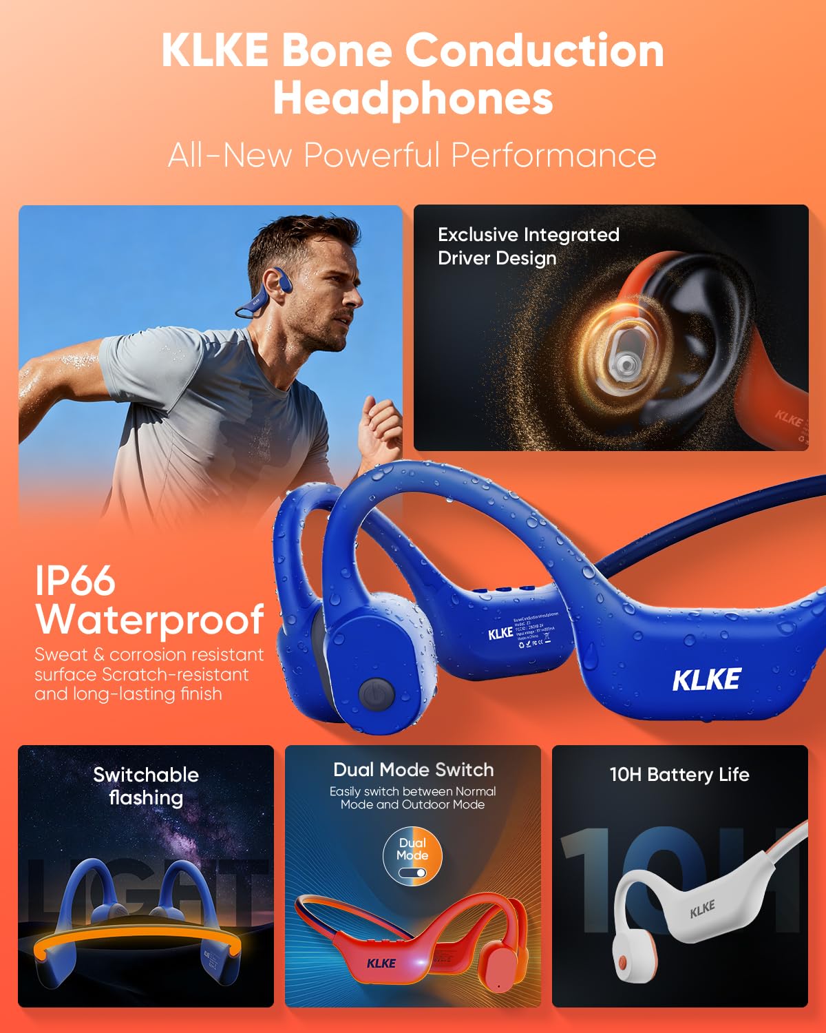 KLKE Open-Ear Bone Conduction Headphones with Mic, Sports Headset