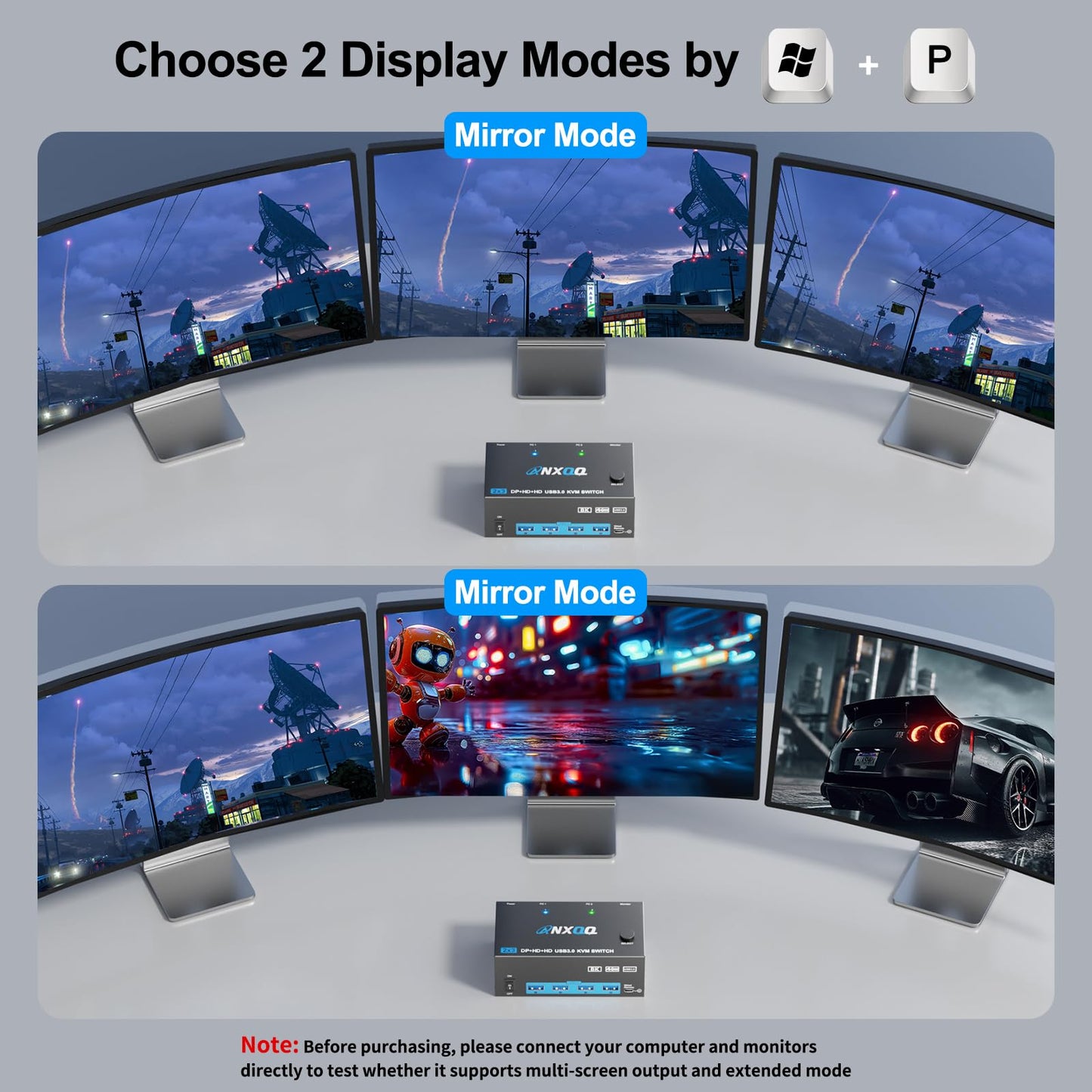 KVM Switch 3 Monitors 2 Computers, ANXQQ 8K@60Hz 4K@144Hz Monitor Switch for 2 Computers, KVM Switch Displayport HDMI with Power Adapter and Wired