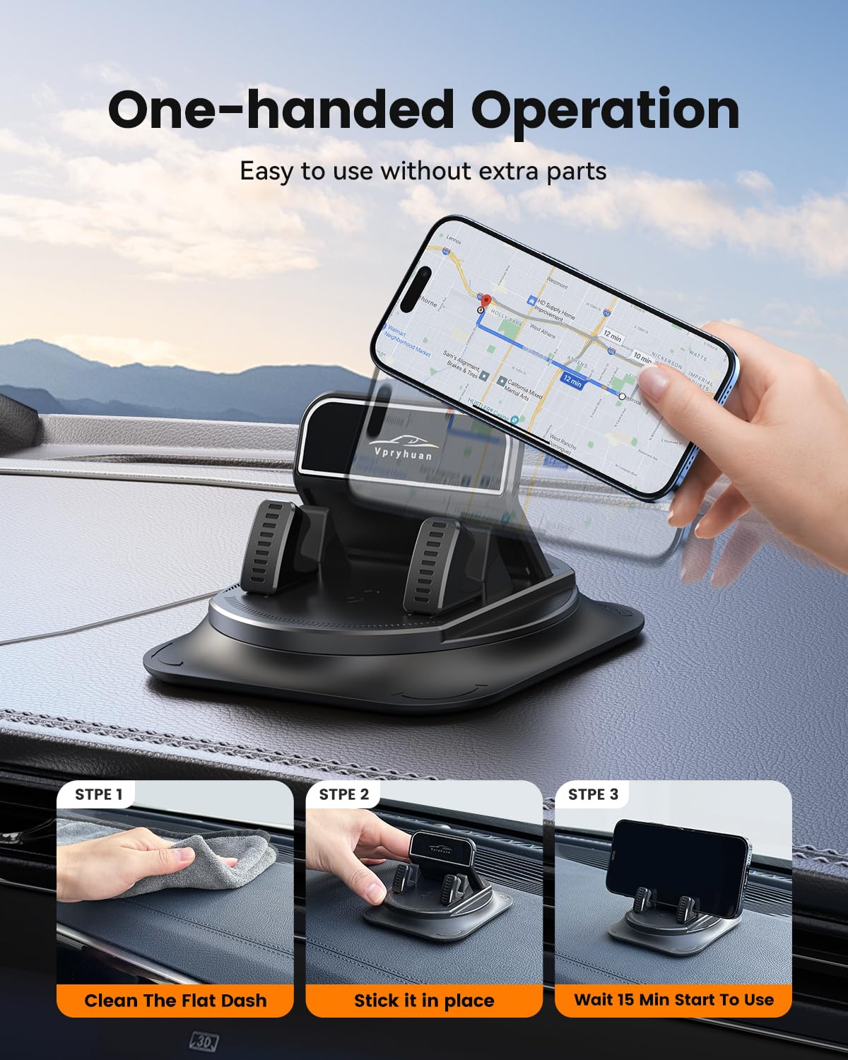 Vpryhuan 360 Degree Rotation Dashboard Phone Holder for Car, Anti-Slip Grips & One-Hand Operation Car Cell Phone Mount with Adjustable Spring Clip