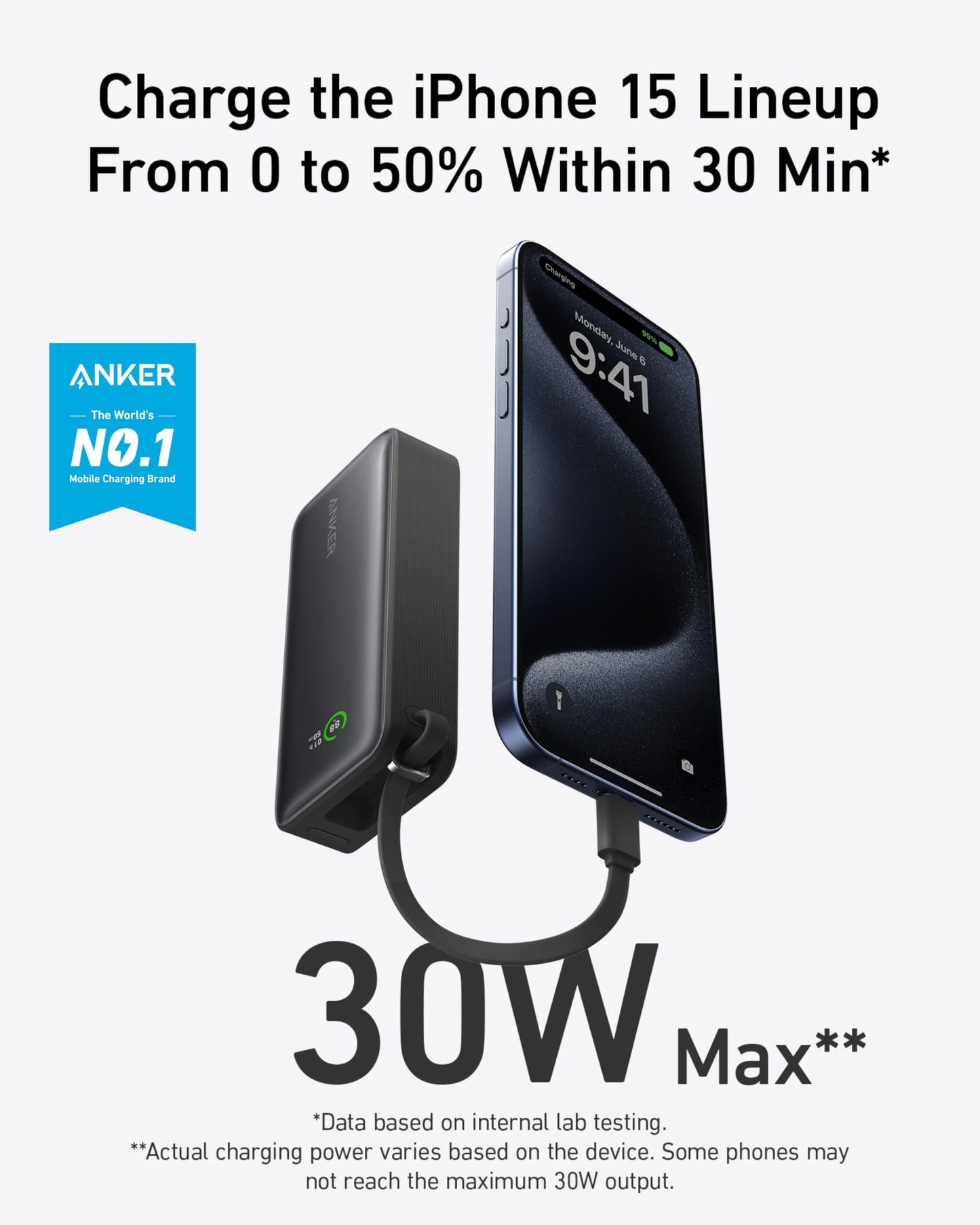 Anker Nano Power Bank,10,000mAh 30W Portable Charger,Built-in USB-C Cable