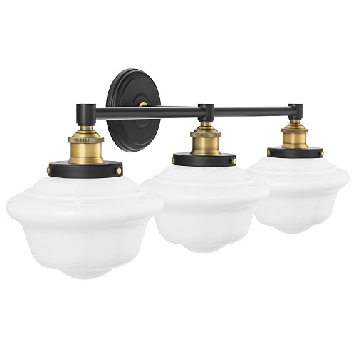 Linea di Liara Lavagna Farmhouse Matte Black Bathroom Light Fixtures Over Mirror Black and Gold 3-Light Bathroom Vanity Light Fixture Milk Glass