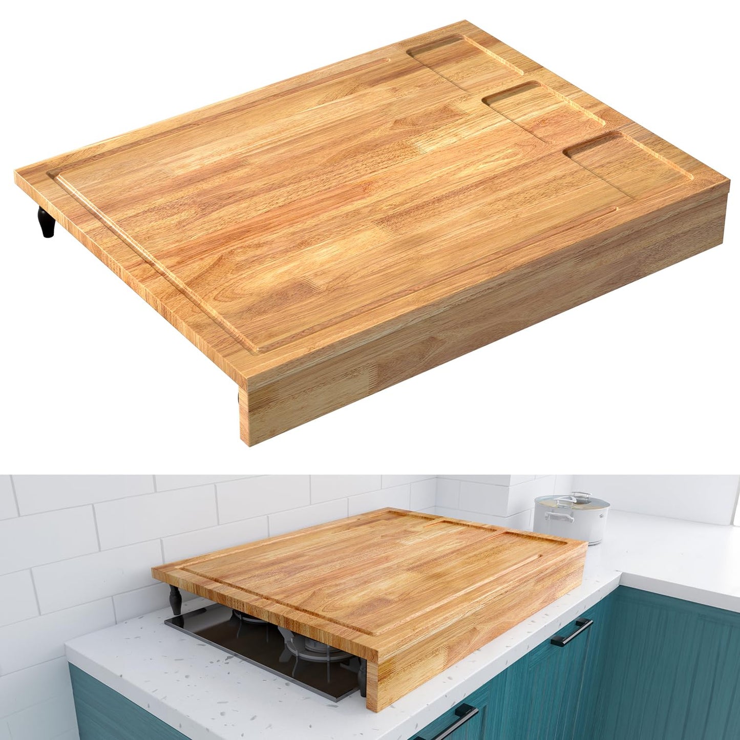 32x23.5inches Extra Large Solid Wooden Cutting Board and Stovetop Cover, 2 in 1 Stove Top Cover Chopping Board with Detachable Legs and Juice Groove…
