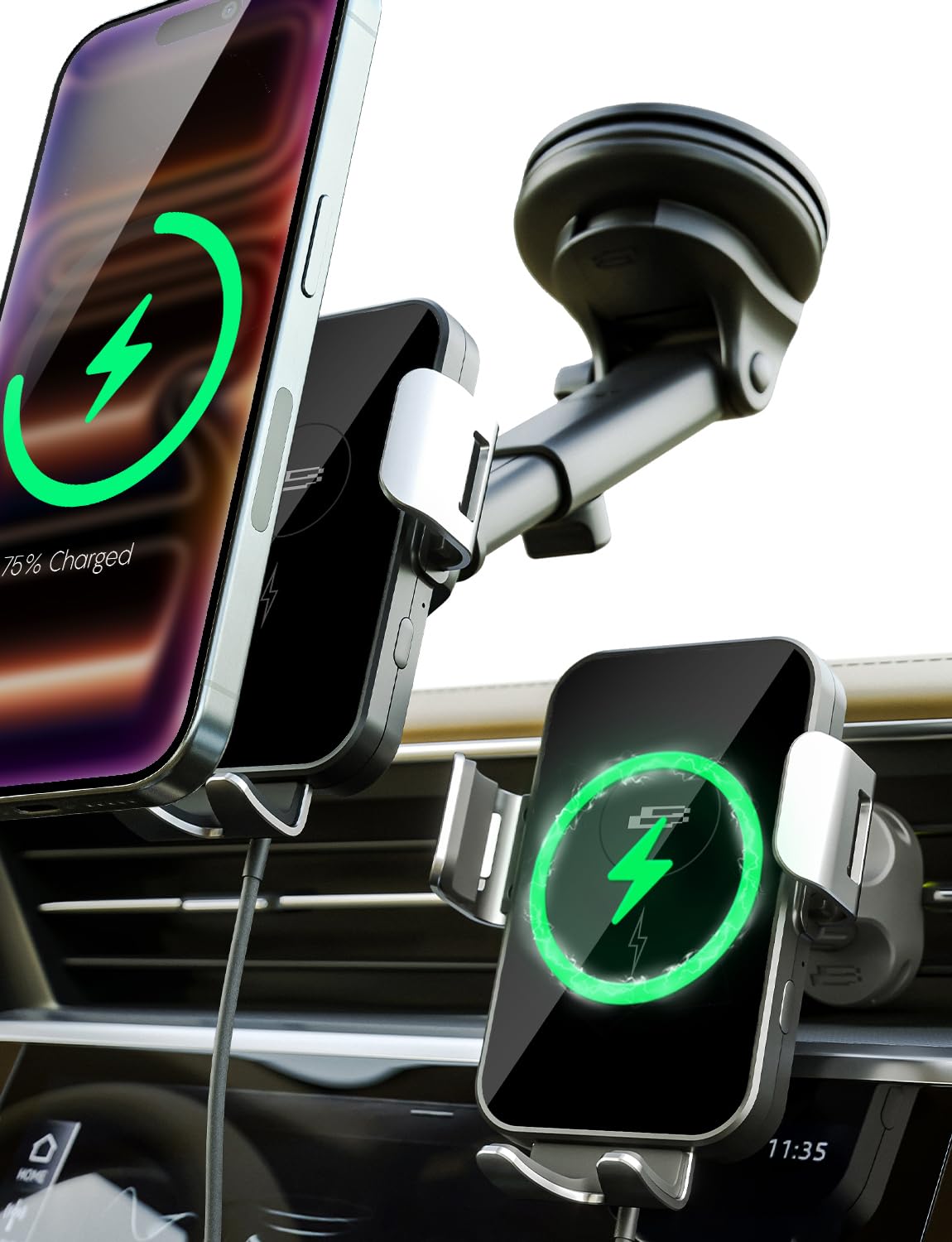 Bracketron PwrUp 15W Qi Fast Wireless Car Charger Mount - Dashboard, Windshield & Air Vent Phone Holder with Automatic Clamping, USB-C Cable