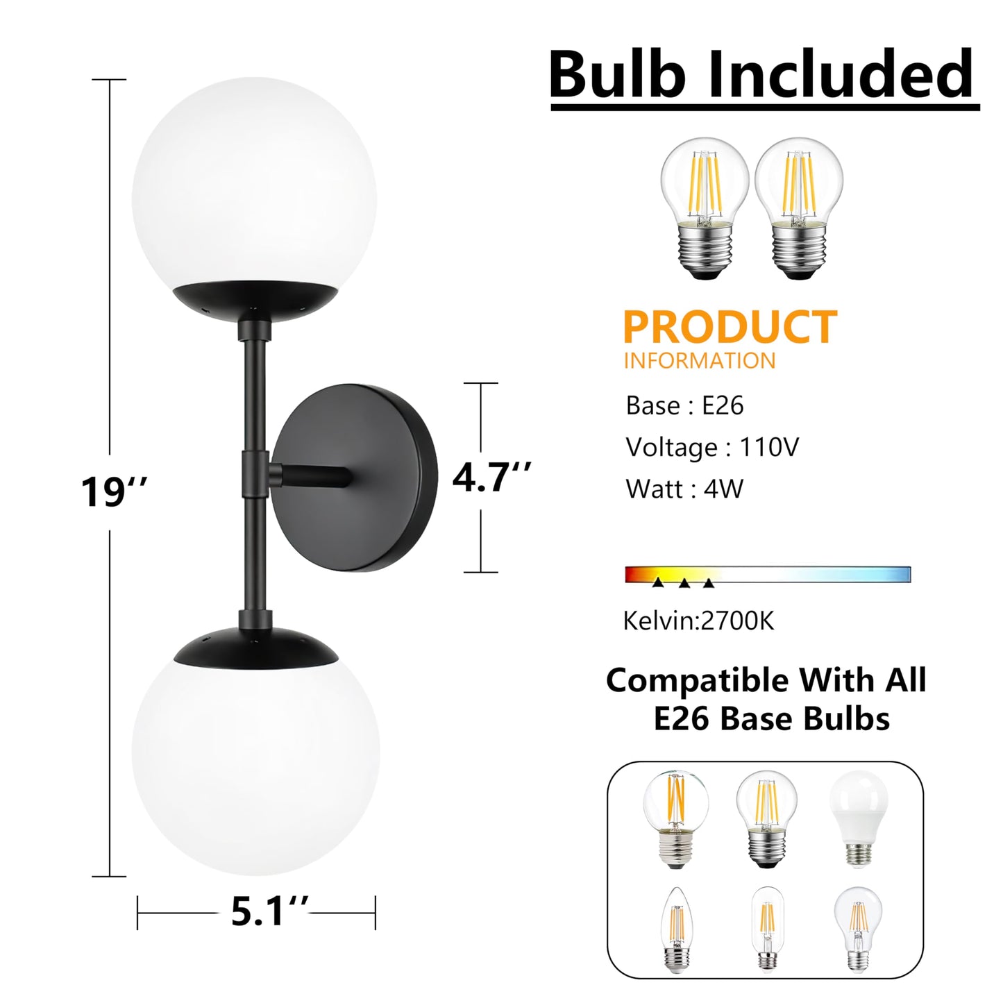 KoKo&Yukina Mid Century Modern Bathroom Matte Black Bathroom Vanity Light Fixtures Globe Sconce 2 Light Vanity Light Milky White Vanity Light Mid