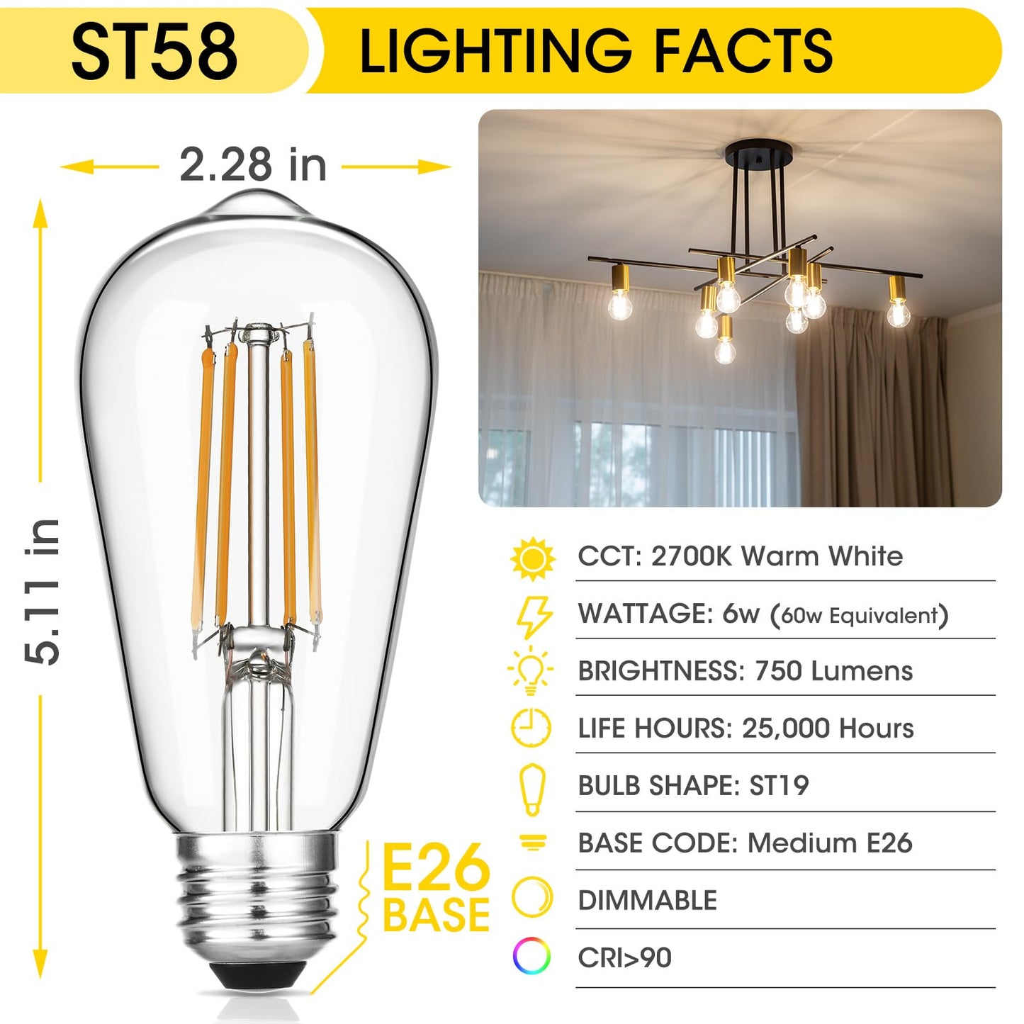 Gozelux Vintage LED Edison Bulbs 6W, Equivalent 60W Incandescent, Warm White 2700K, ST58 Antique LED Filament Bulbs with 90+ CRI, E26 Medium