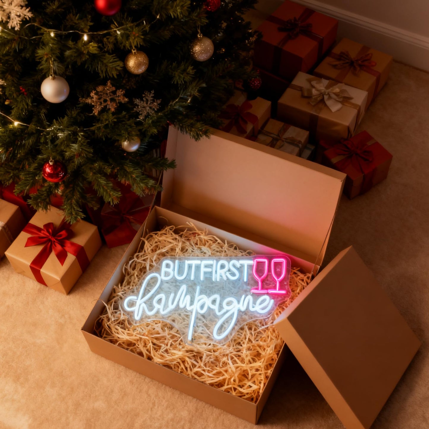 But First Champagne Neon Sign - USB Powered Wall Table Decor for Party Bar Living Room Bedroom, White and Pink LED Decorative Neon Light, 16.7 x 8.7
