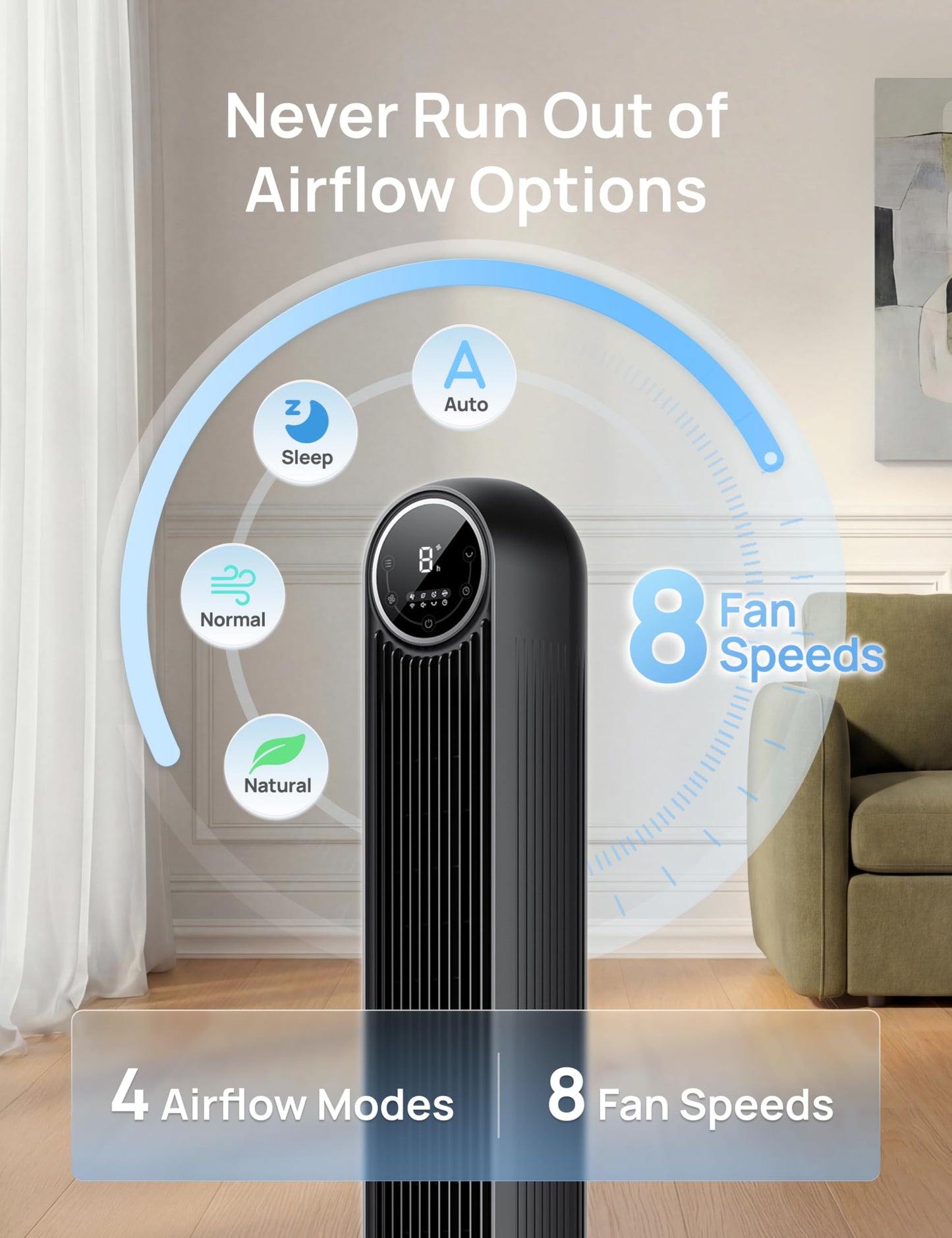 DREO Tower Fan for Bedroom, 28ft/s Velocity, Ultra Quiet Fan, 8 Speeds