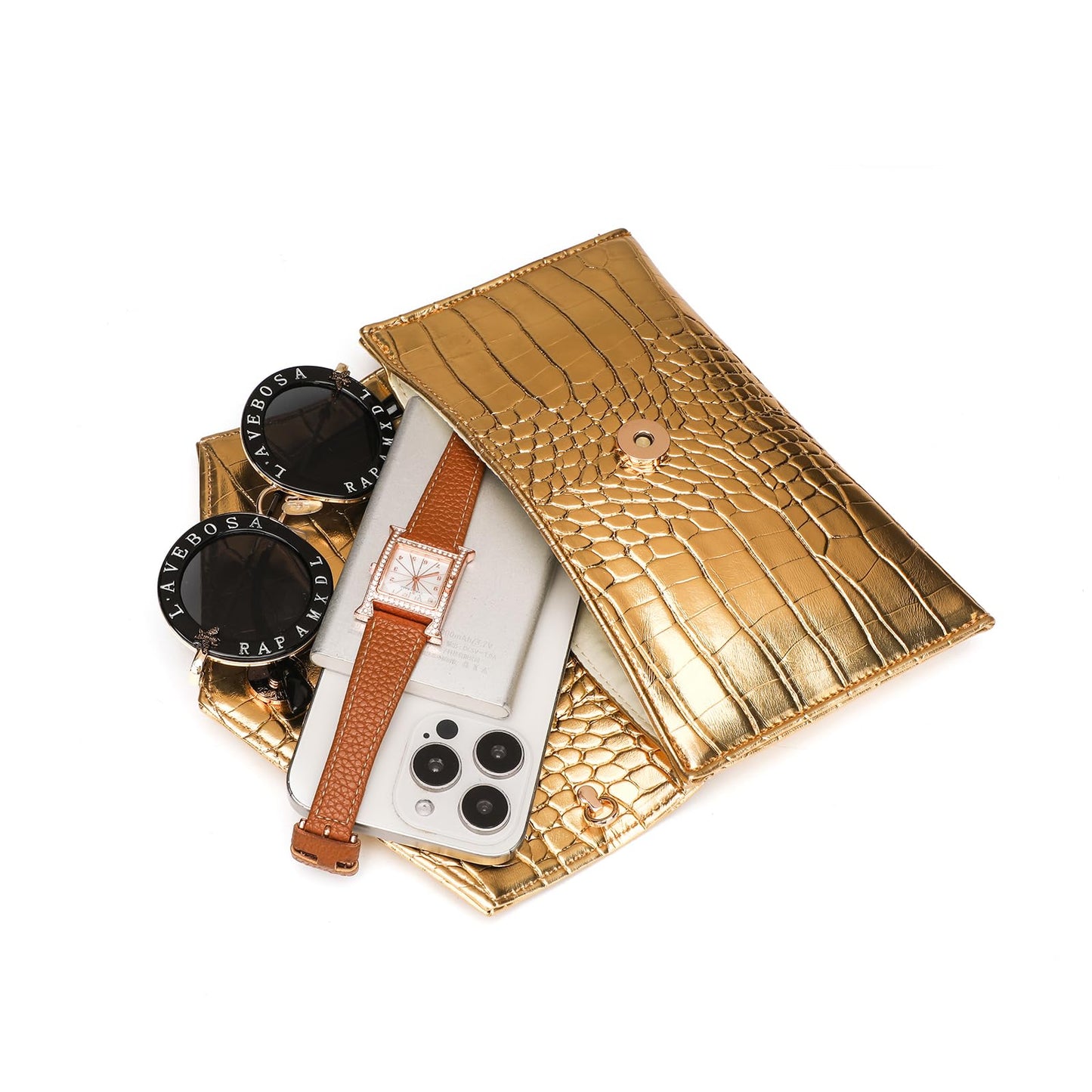 CuteClear Small Envelope Clutch Purse for Women Faux Leather Handbag Wallet Evening Bag with Detachable Wristlet Strap (gold)