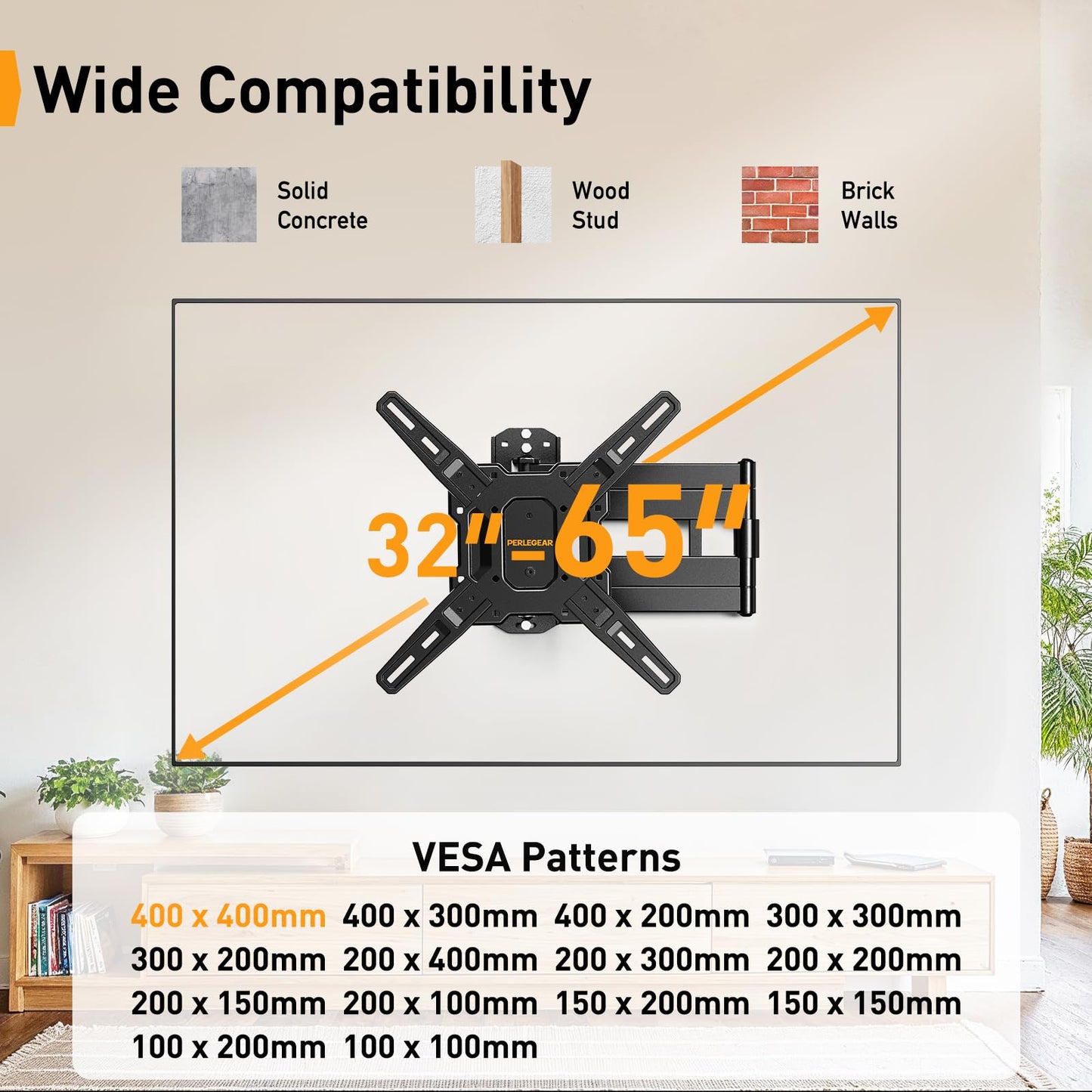 Perlegear Long Arm TV Wall Mount for 32-65? TVs, 37.4” Long Extension Corner TV Mount, Max VESA 400x400mm, Articulating Arms Full Motion Wall Mount