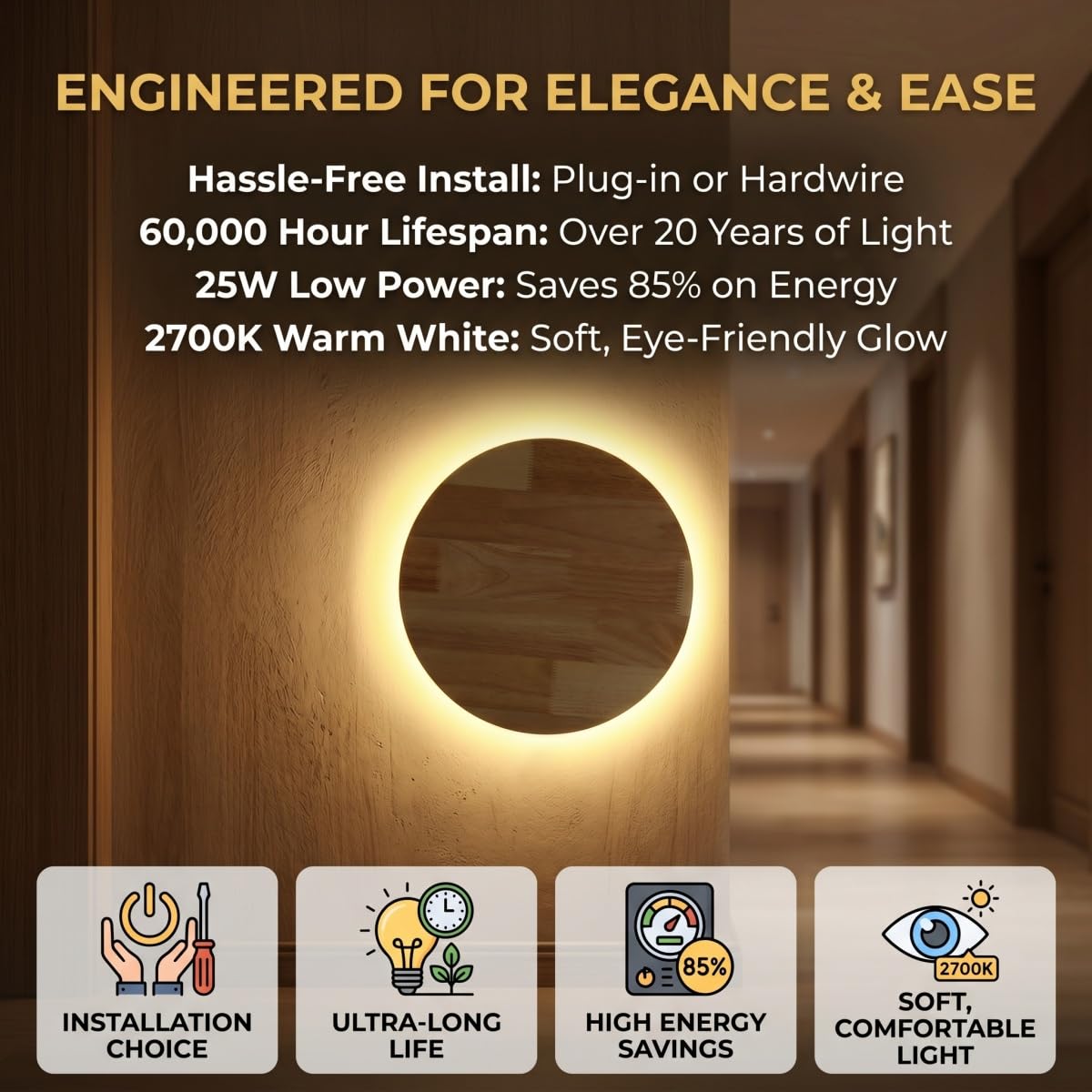 Modern Minimalist Plug-in LED Wall Sconce, 11.8'' Round Solid Wood Backlit Wall Lamp, Plug-in/Hardwired Option Wall Light Fixture for Bedroom, Living