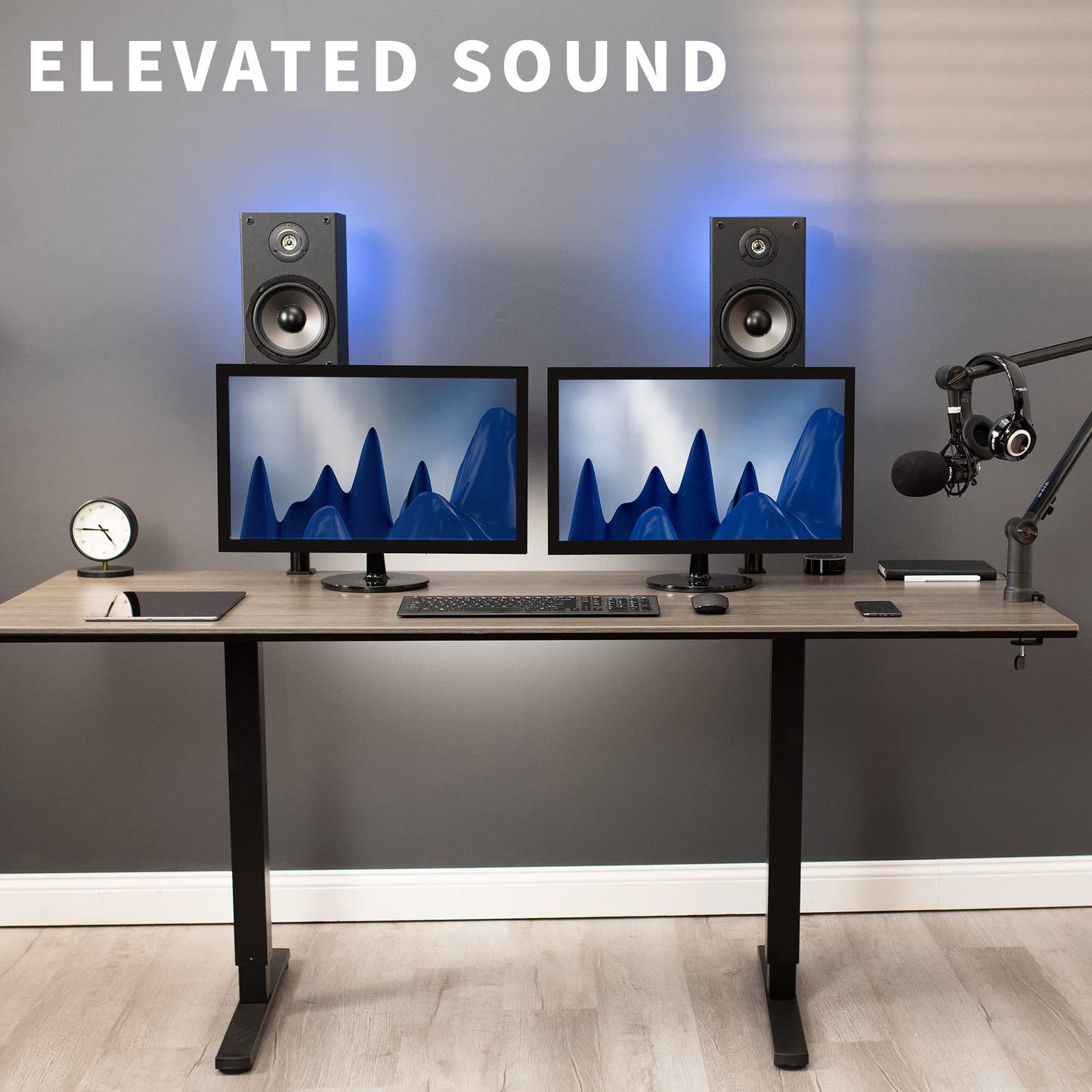 VIVO Clamp-on Speaker Stand Desk Mount Set, 10 x 9 inch Trays, Height Adjustment and Tilt, Universal Audio Holders for Computer and Bookshelf