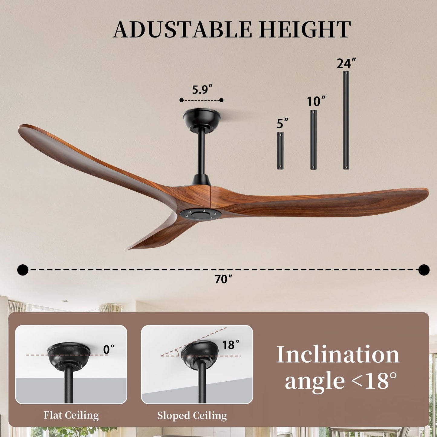 Obabala Ceiling Fan no Light,70 inch Outdoor Ceiling Fan Without Lights for Patios, 3 Blade Solid Wooden Large Propeller Ceiling Fans with Remote