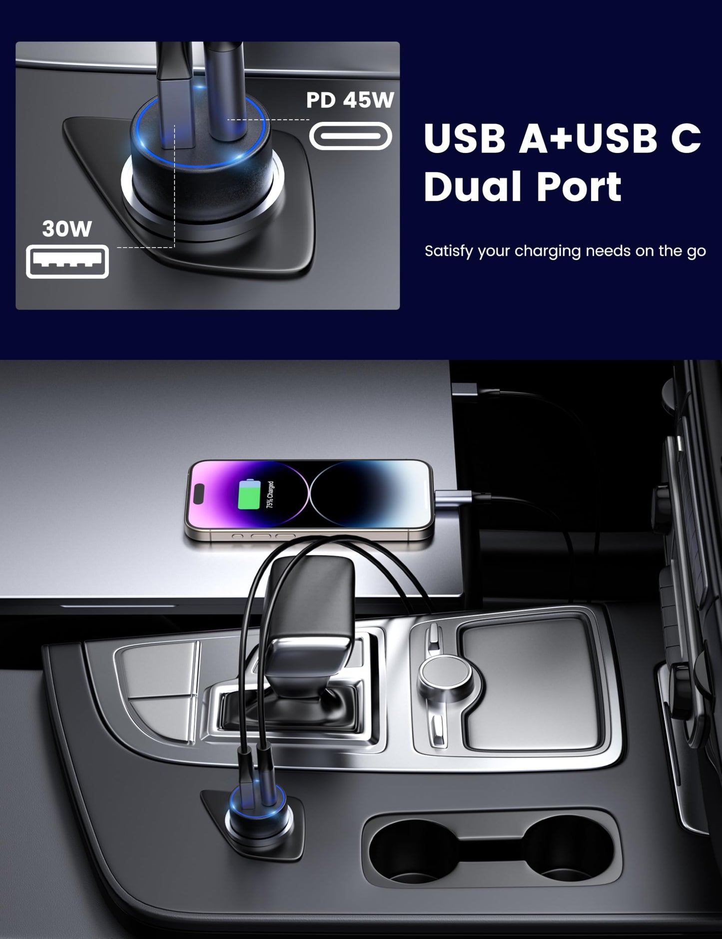MOSWAG 75W USB C Car Charger USB C Fast Charge, 45W PD&QC 3.0 Mini Cigarette Lighter Adapter for iPhone 17 16 15 Pro Max, Dual 12V Type C Adapter