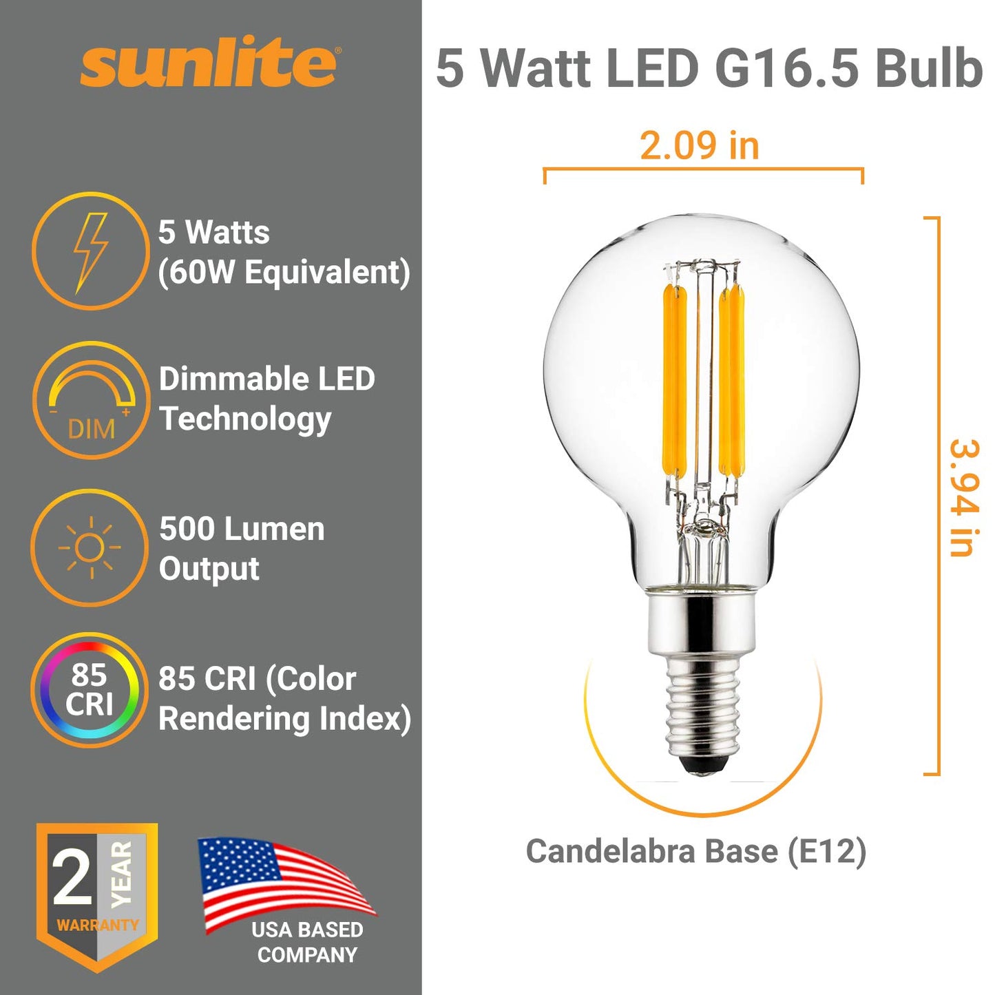 Sunlite LED G16.5 G16 1/2 Filament Style Globe Light Bulb, 5 Watts (60W Equivalent), 500 lumens, Dimmable, Candelabra Base (E12), UL Listed, 5000K