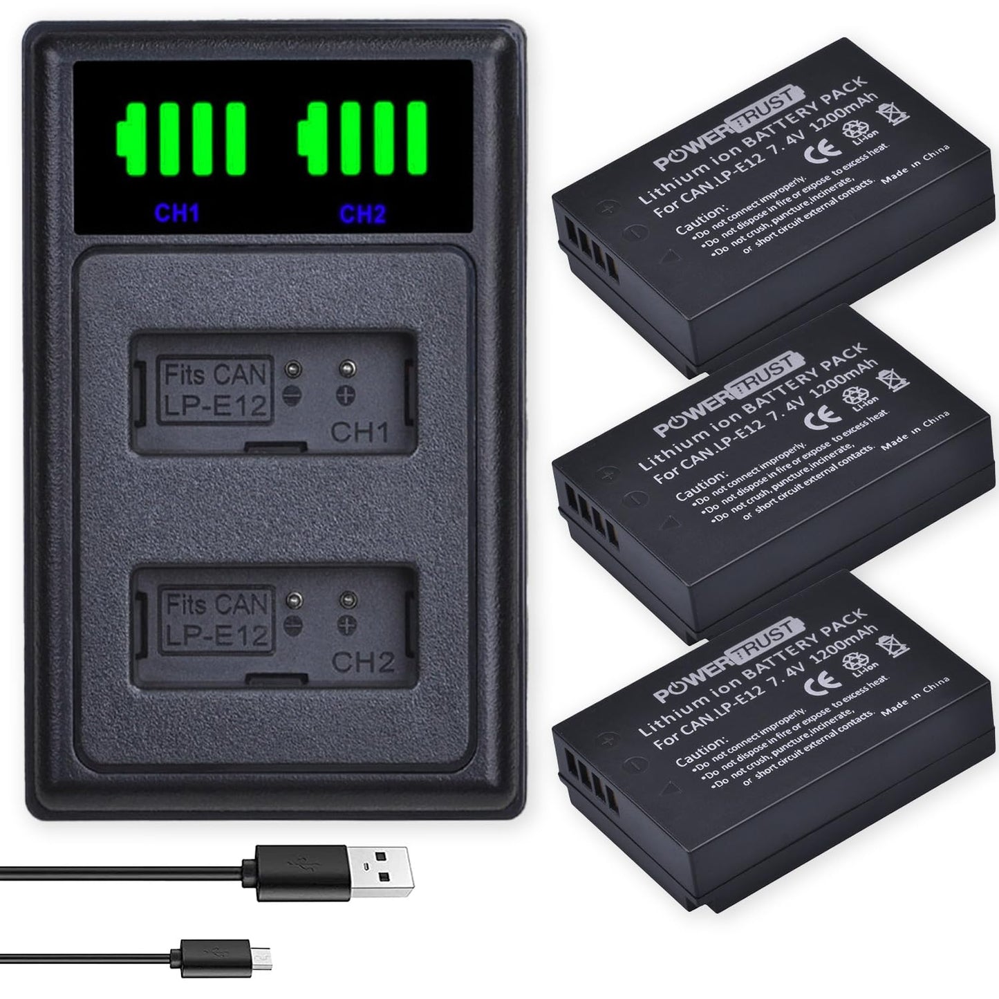 PowerTrust 3X LP-E12 Battery and LED Dual USB Charger for Canon EOS M,EOS Rebel SL1, EOS M2, EOS M10, M100, M200, M50, M50 Mark II, Rebel S1
