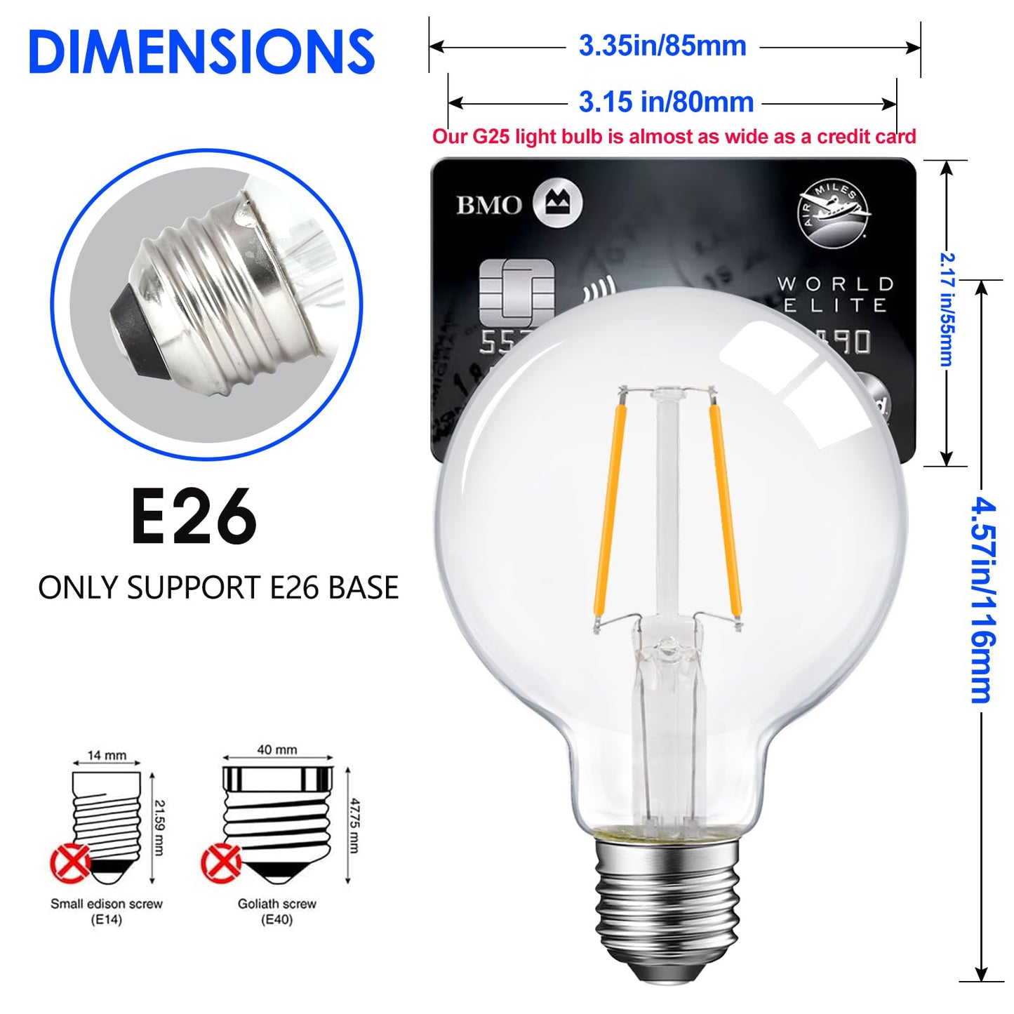 Dimmable LED Edison Light Bulb, G25 (G80) Globe Bulb, 60W Equivalent, 4000K Cool White, Christmas Light, E26 Standard Base, ETL Listed, 6-Pack