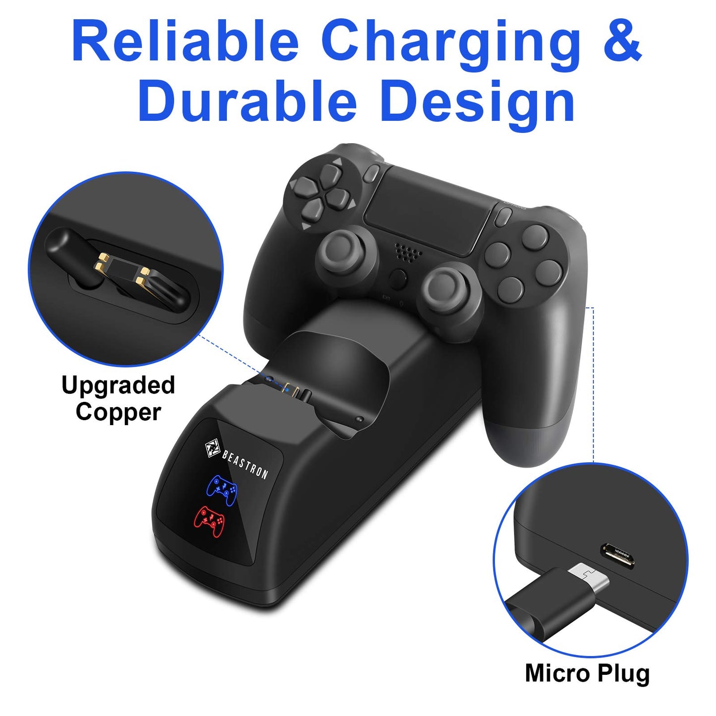 Beastron Dual USB Charger Station Dock for Sony PS4 Controller, Dual Charging Back Stand Docking Station with LED Light Indicator, Compatible