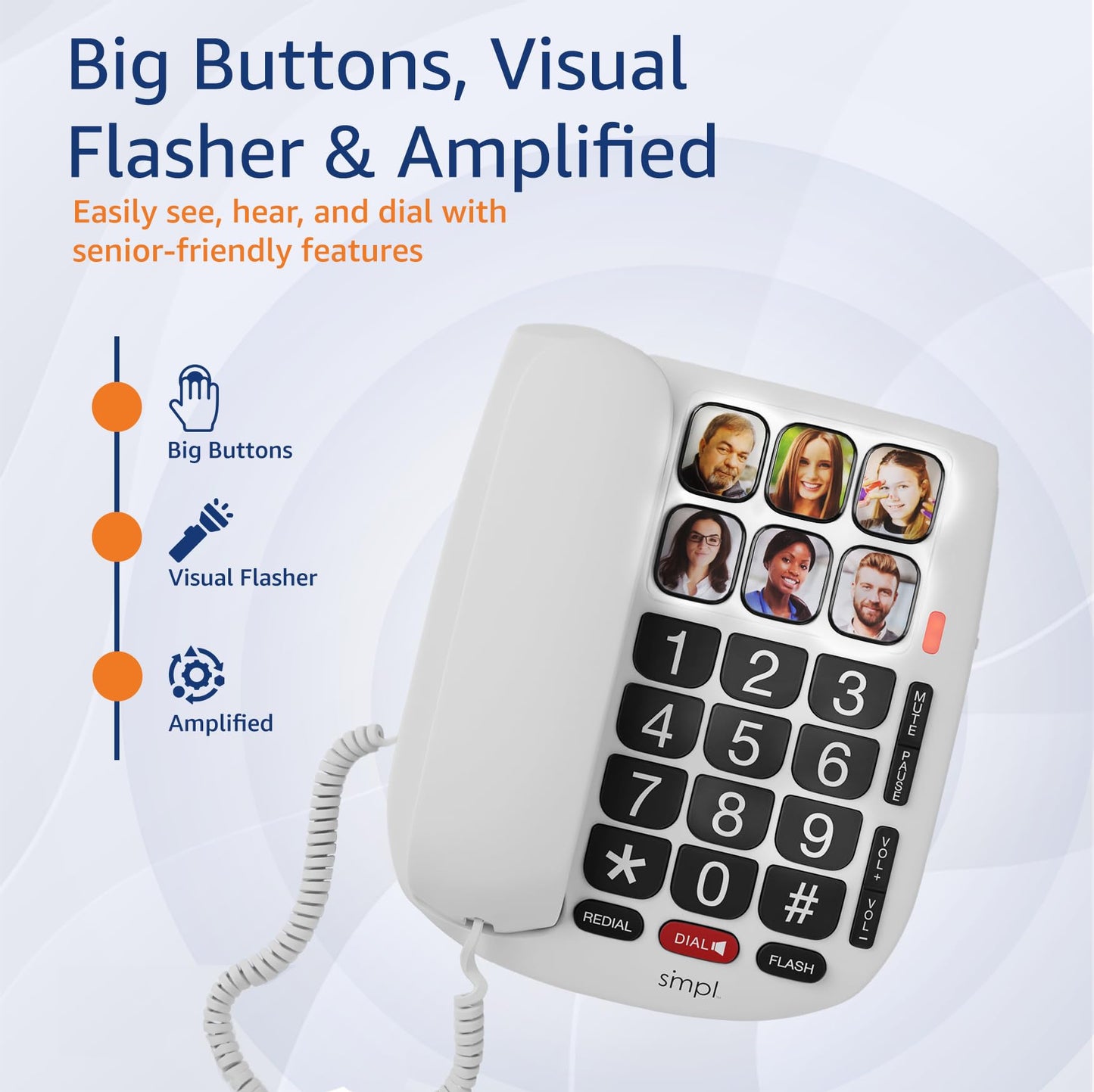 SMPL Hands-Free Dial Corded Phone with Photo Memory, One-Touch Dialing, Large Buttons, Flashing Alerts - For Seniors, Hearing Impaired