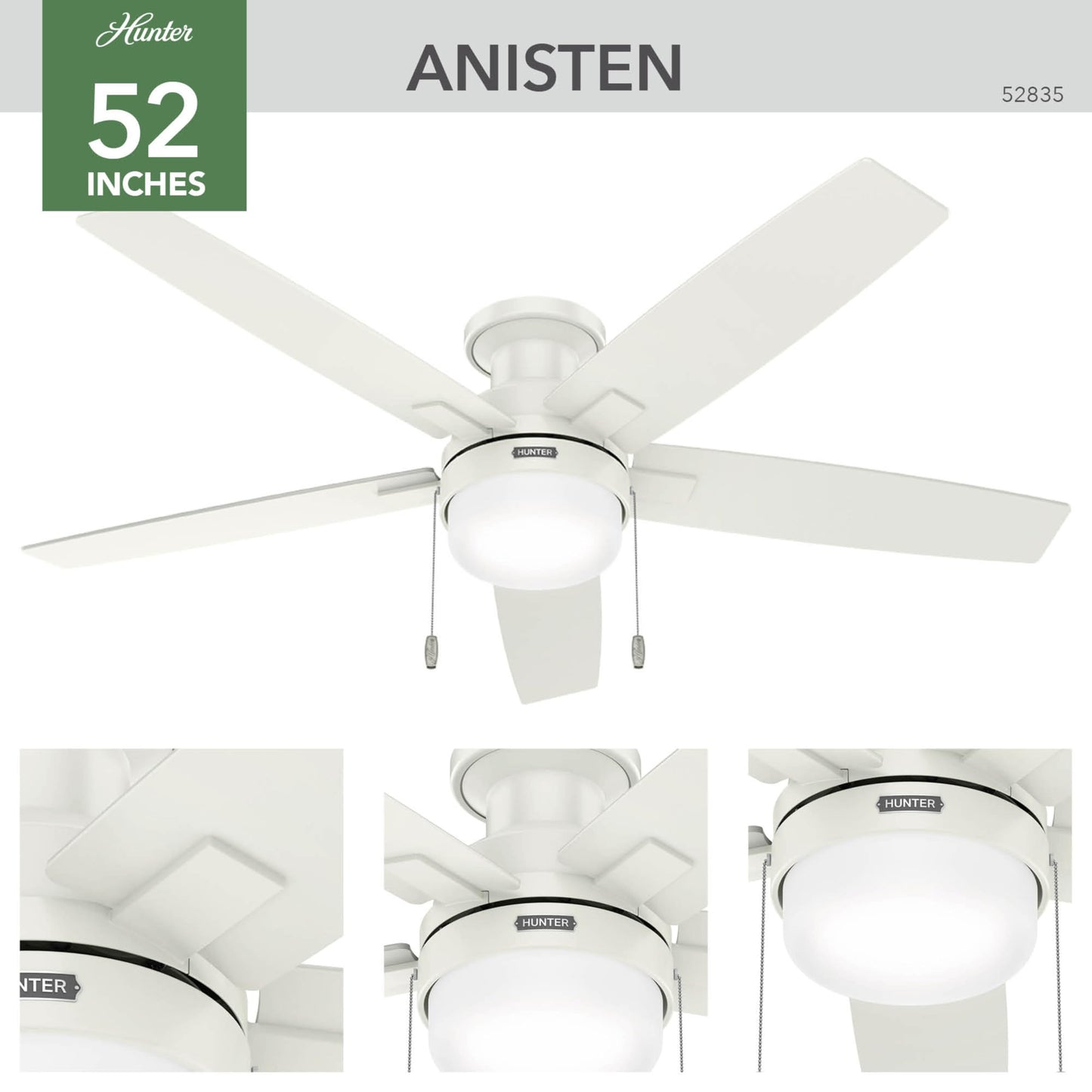 Hunter 52" Anisten Low Profile Ceiling Fan, Light, Pull Chain, Fresh White
