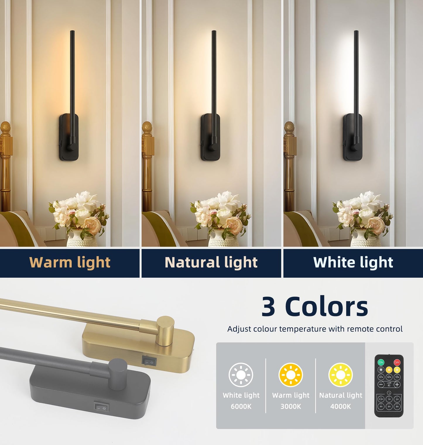 7Degobii Wireless Wall Sconces Set of 2 - Rechargeable Swing Arm Lights, 3 CCT-Dimmable Battery Powered, 17.32" Long Cordless Art Lights for Picture